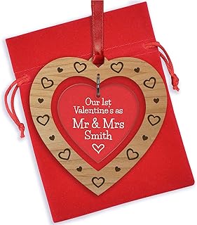 PERSONALISED Our First Valentines Day As Mr & Mrs Gifts for Wife or Husband - Custom Valentines Day Presents for Mr and Mrs, Wife or Husband - Unique Hanging Heart Personalised with ANY Surname