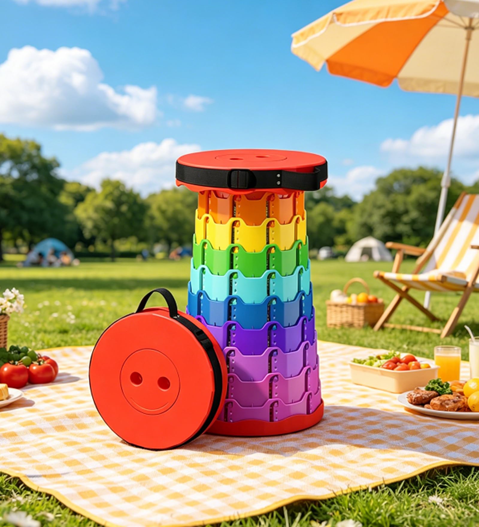 DZK Collapsible Stool with Rainbow Design, 45x25 cm | Non-Slip Frosted Surface, Foldable & Portable, Clip Support Structure, Carry Handle Included, Outdoor & Picnic Use-image-29