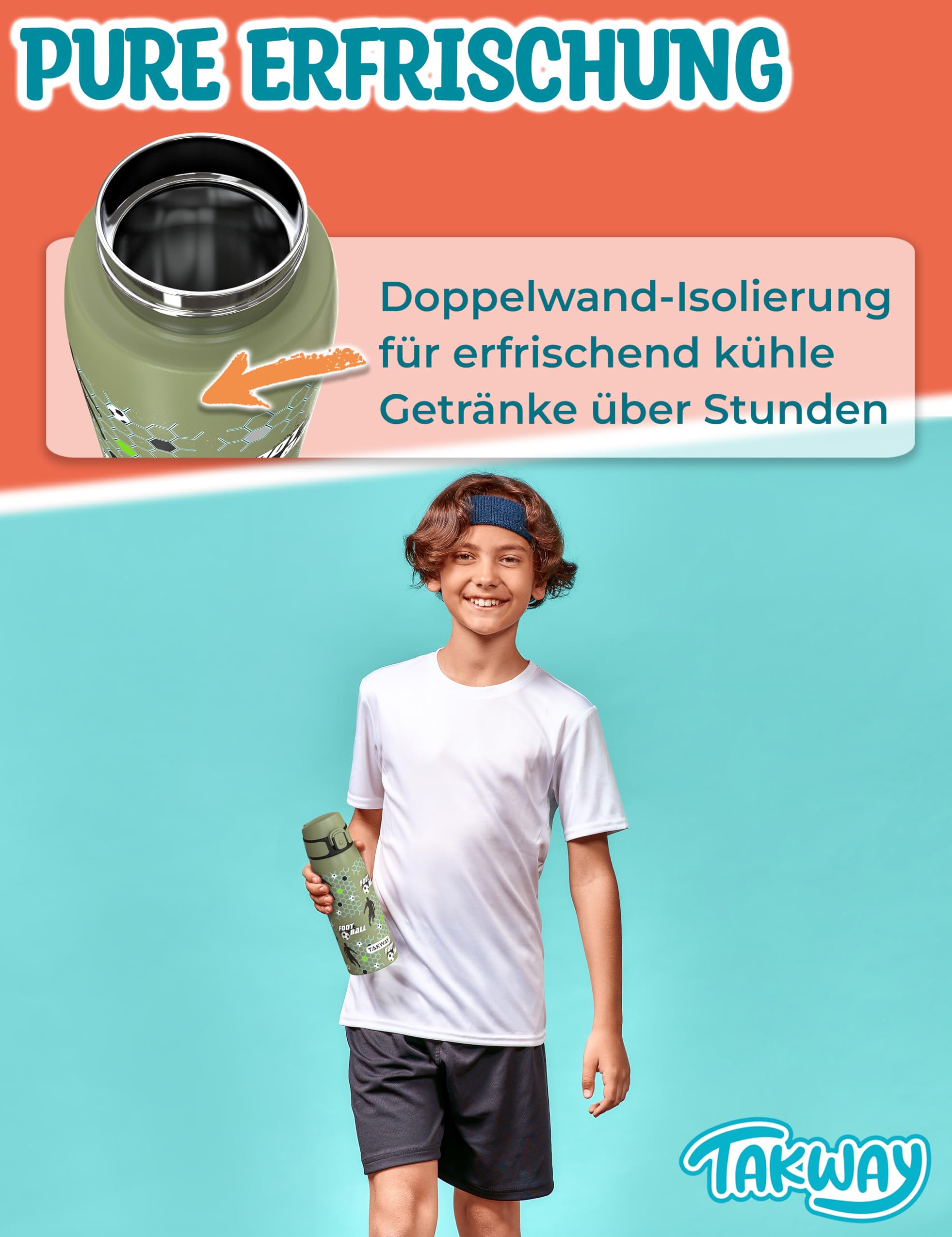 Edelstahl Trinkflasche Kinder 550ml - Auslaufsicher, isoliert und Kohlensäure geeignet - Flasche für Schule, Sport (Dinosaurier)