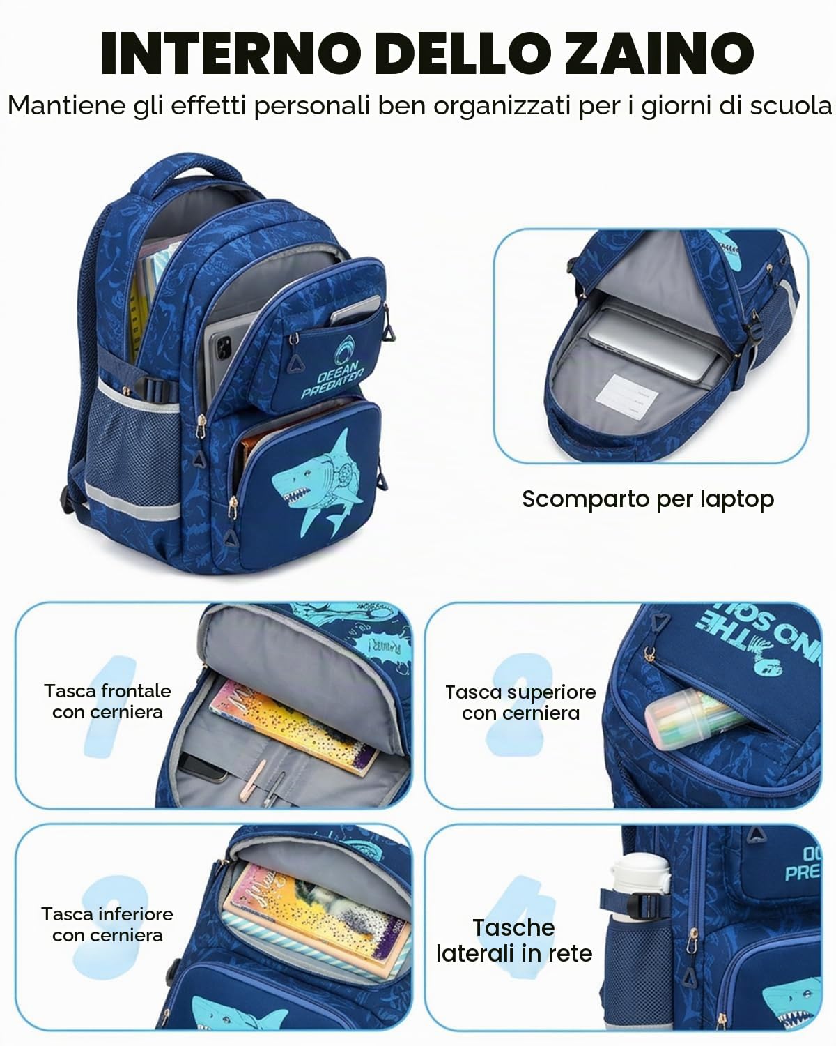 Amythe Zaino Scuola Ragazzi Classi da 1 a 4 Luminoso Leggero Moda, Squalo | Viaggio Riflettente Leggero Squalo Daypack Multitasche Capiente Resistente per Scuola Escursione Tempo Libero