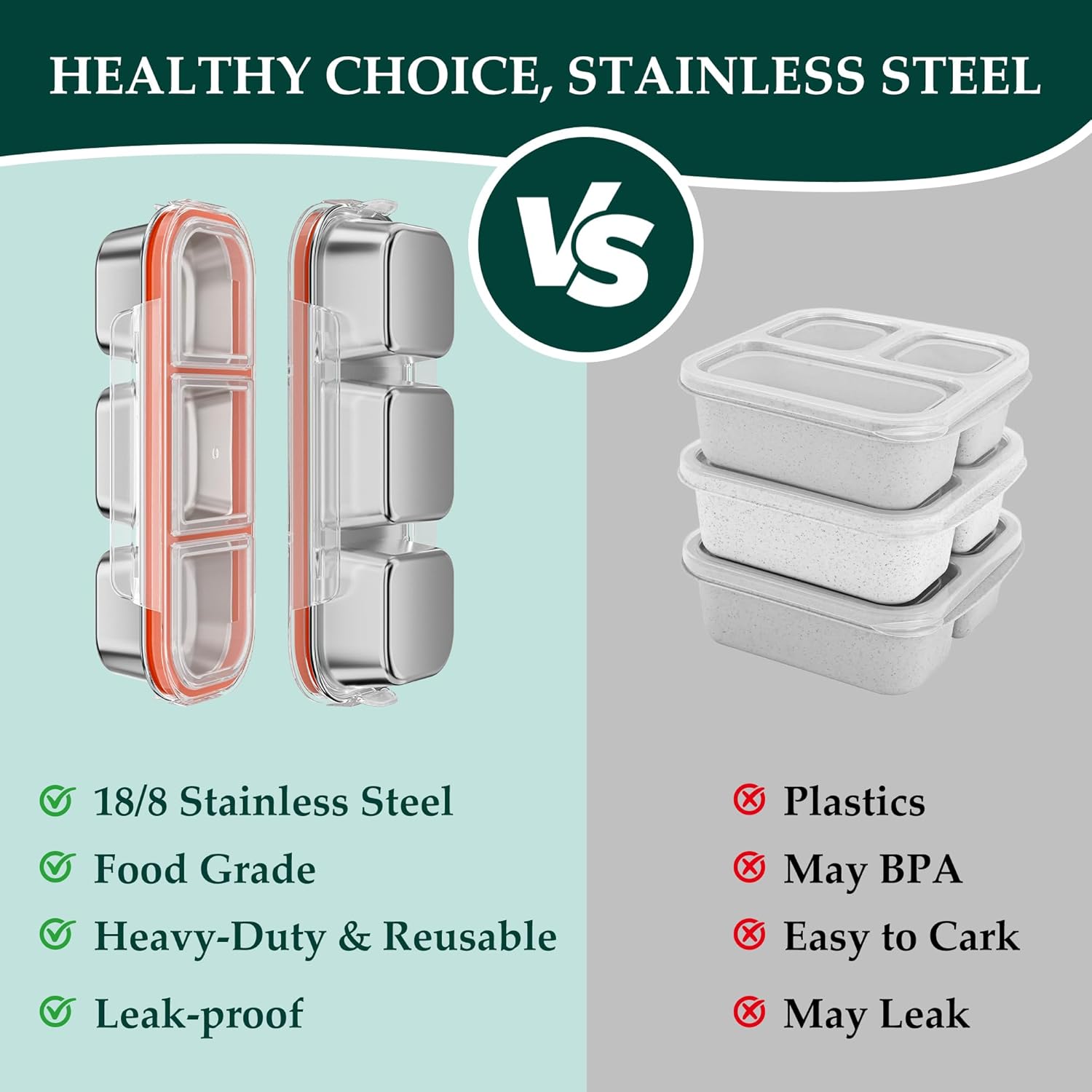 QCQHDU Bento Lunch Box Stainless Steel Snack Containers, Reusable Stainless Steel 3-Compartment Condiment Metal Bento Lunch Box with Lids, Divided Snack Food Storage Lunchable Containers, 1 Pack - Image 5