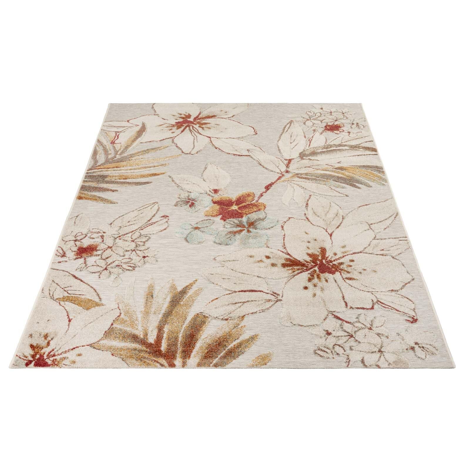 Taracarpet In & Outdoor Teppich Wetterfest Wohnzimmer Balkon Küchenteppich Terrassenteppich Flachgewebe mit Muster Lilien floral Creme grau 240x340 cm