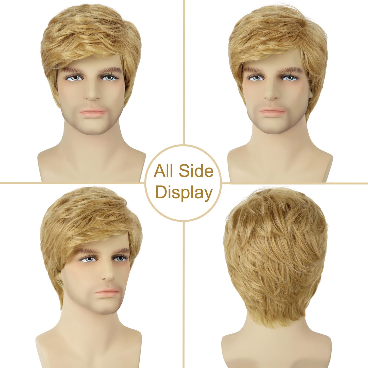 Mens Blonde Wig Short Layered Natural Wavy Heat Resistant Synthetic Male Guy Funny Wigs for Daily Party Costume Cosplay Halloween (Blonde)
