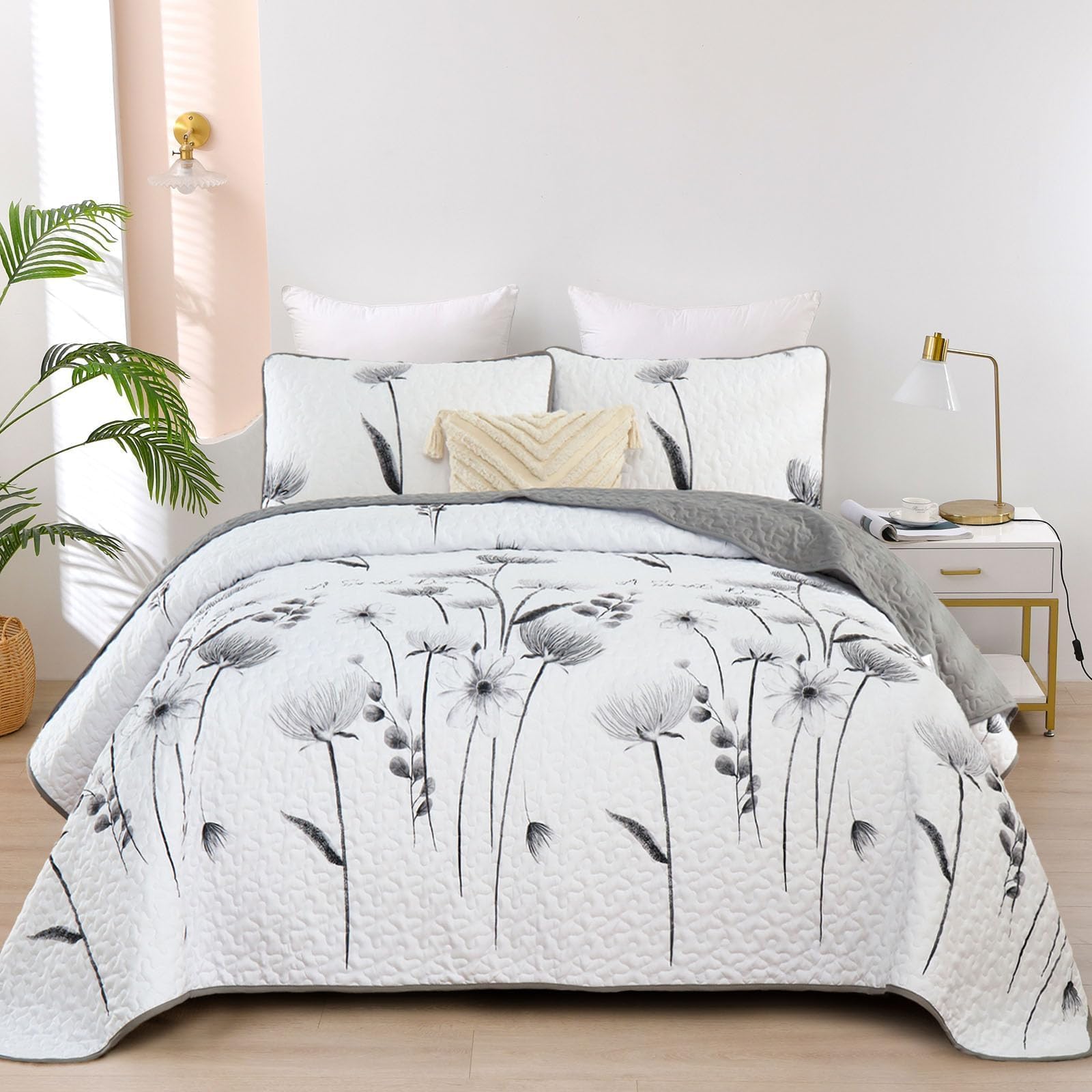 Dinjoy King Quilt Set, 3 Pieces Grey Boho Bedspreads, Fall Flower Bedding