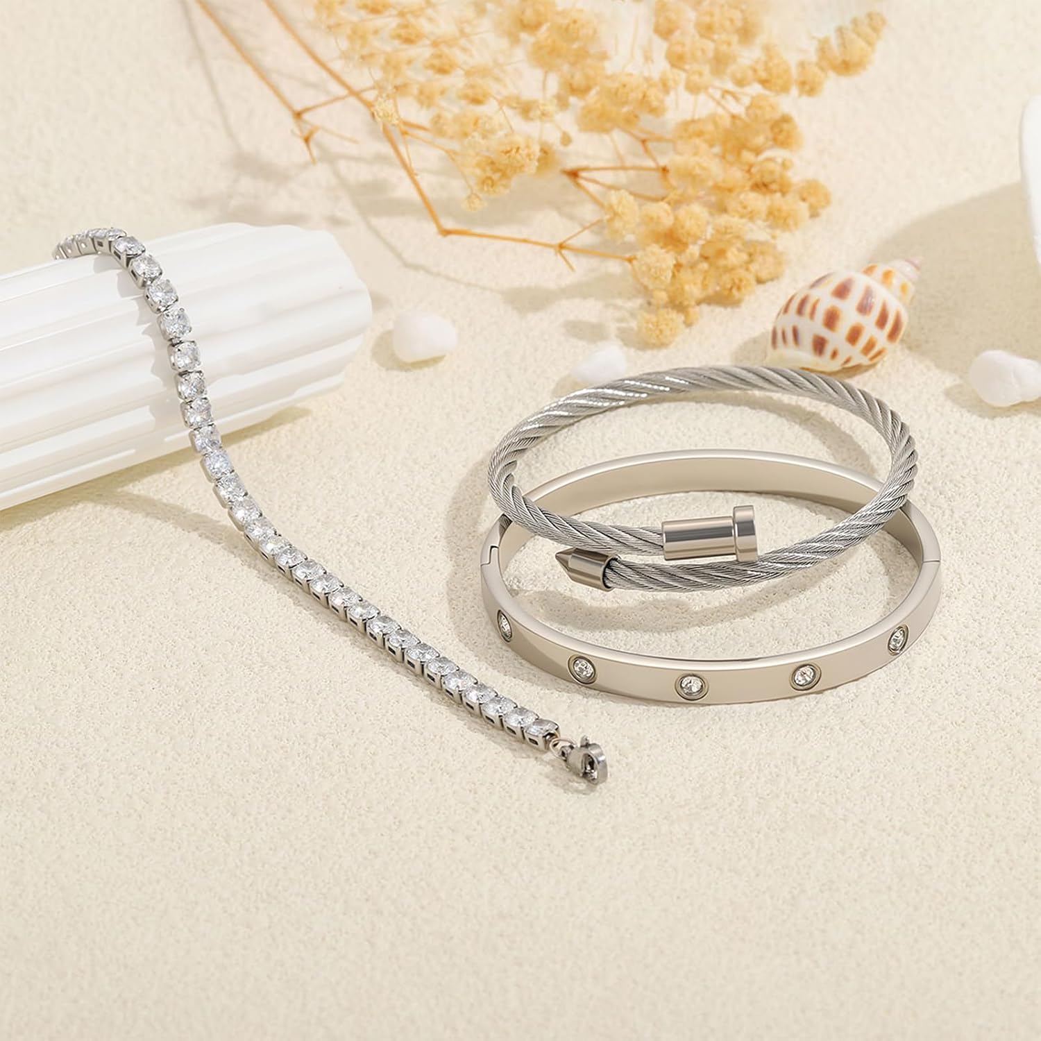 Silver Bangle Bracelets for Women - Stainless Steel Love & Friendship Tennis Bracelets with Gift Box | Daily & Party Wear Jewelry (Silver Bracelets) - Image 7