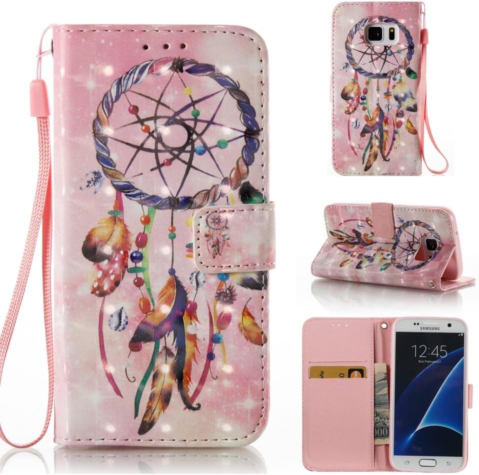 Galaxy S7 case, PU Leather Shock Proof bumper Case stand Book Case Magnetic Card Holder with strap birthday Xmas gift for samsung s7-dream catcher