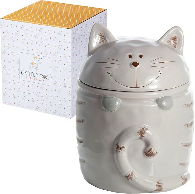 SPOTTED DOG GIFT COMPANY Cookie Jar Novelty Large Ceramic Kitchen Storage Jar with Lid, Grey Biscuit Barrel - Cat Themed Gifts for Animal Lovers Women Men