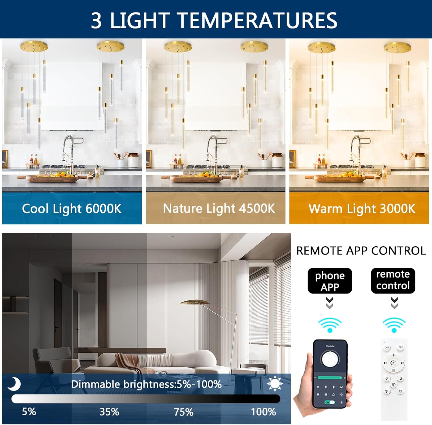 Modern Crystal Chandelier for Kitchen Island 5-Lights LED Pendant Lights Lighting for Dining Room Dimmable Ceiling Hanging 3000K-6000K