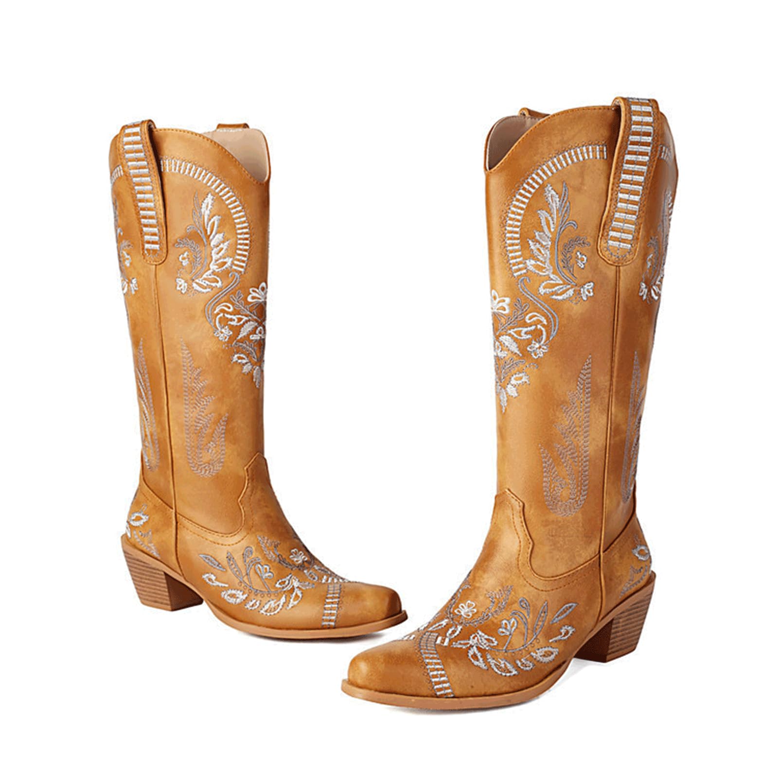 Stivali da Cowboy Alti Fino al Ginocchio da Donna, Stivali Western Country Ricamati con Punta retrò, Stivali con Tacco Spesso da infilare a metà Polpaccio Punta Tagliata
