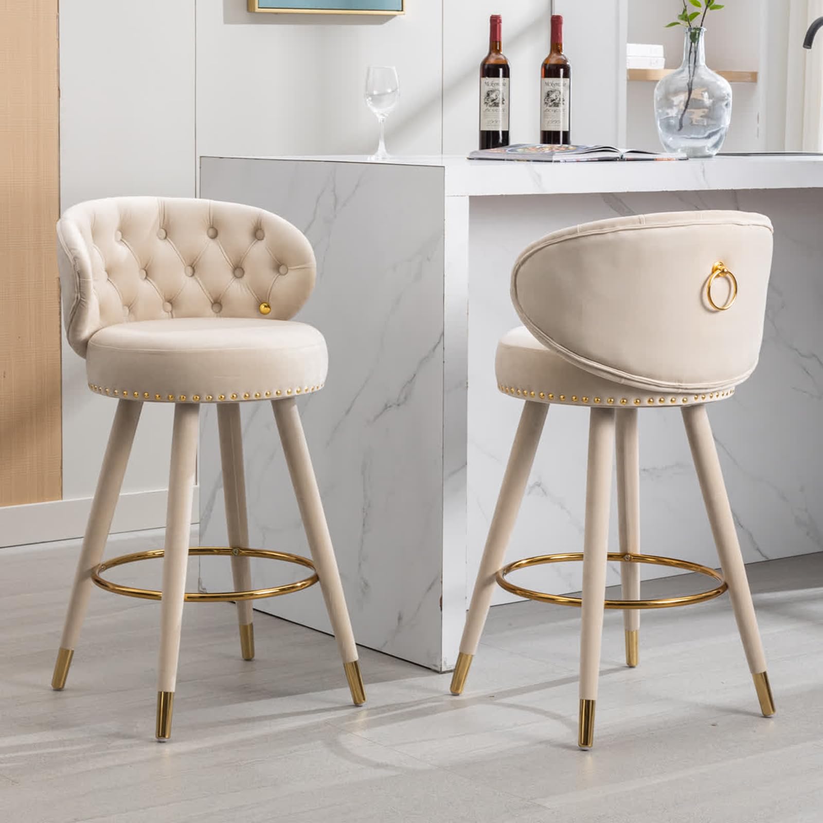 UPYOOE Modern Barstools Set of 2, Mid Century Counter Height Bar Chairs, with Velvet Tufted Backrest Footrest, Swivel Bar Stools for Kitchen Island, Dining Room, Pub, Cafe, Beige