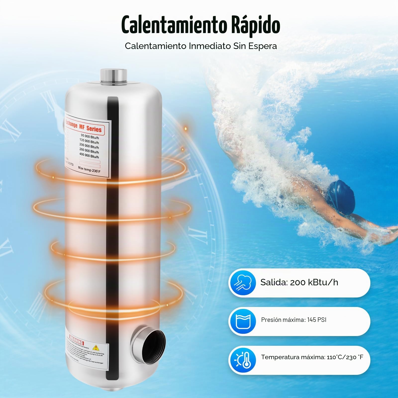 Intercambiador de calor de piscina de acero inoxidable, intercambiador de calor para piscina, 60 kW, calefacción de 30 l/min, flujo de agua caliente, calentador de piscina para piscinas