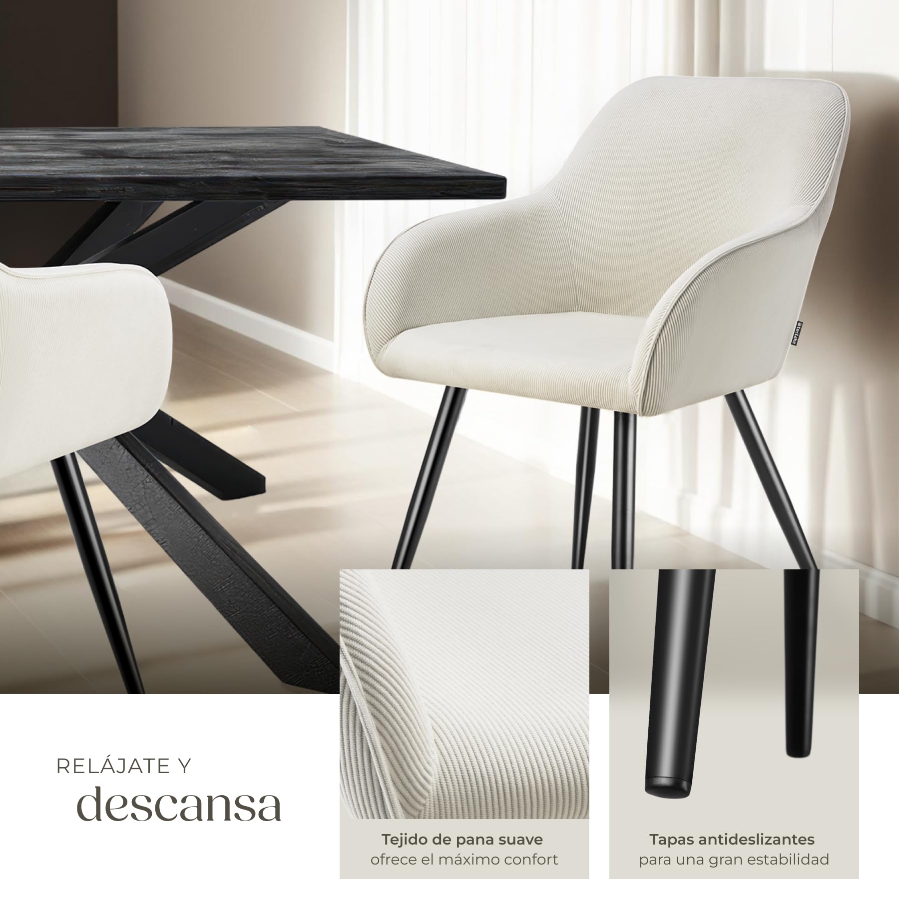 tectake® Sillas de Comedor, Silla Acolchada con Tejido de Pana, Respaldo Continuo, Patas de Acero Robustas, Muebles Comedor, Sillas Comedor Modernas, Silla Comedor Nordica - 1 Silla Crema/Negro