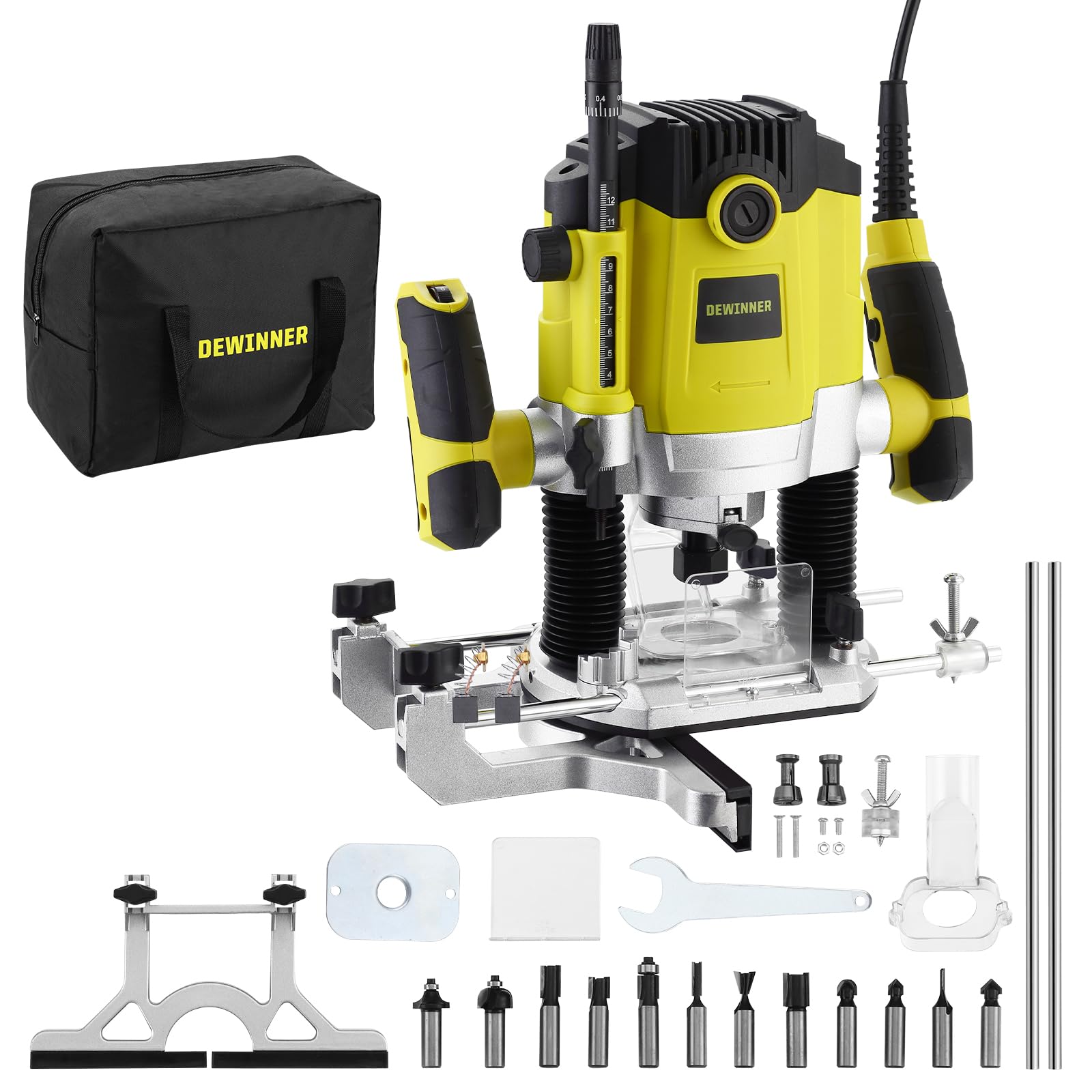 Fresatrice Verticale Legno 1800 W 10000-26000 giri/min DEWINNER, Fresatrice per Legno con Set di 12 frese,7 Velocità,Pinza 6/8/12 mm, Regolazione Della Profondità Della Fresa, Borsa di Tela