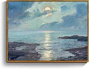 crmotu Landscape Framed Wall Art, Coastal Scenery Vintage Canvas Prints, Moonlit Night Aesthetic Decor Pictures, Blue Ocean French Country Wall Paintings for Living Room Bedroom Bathroom 12x16in