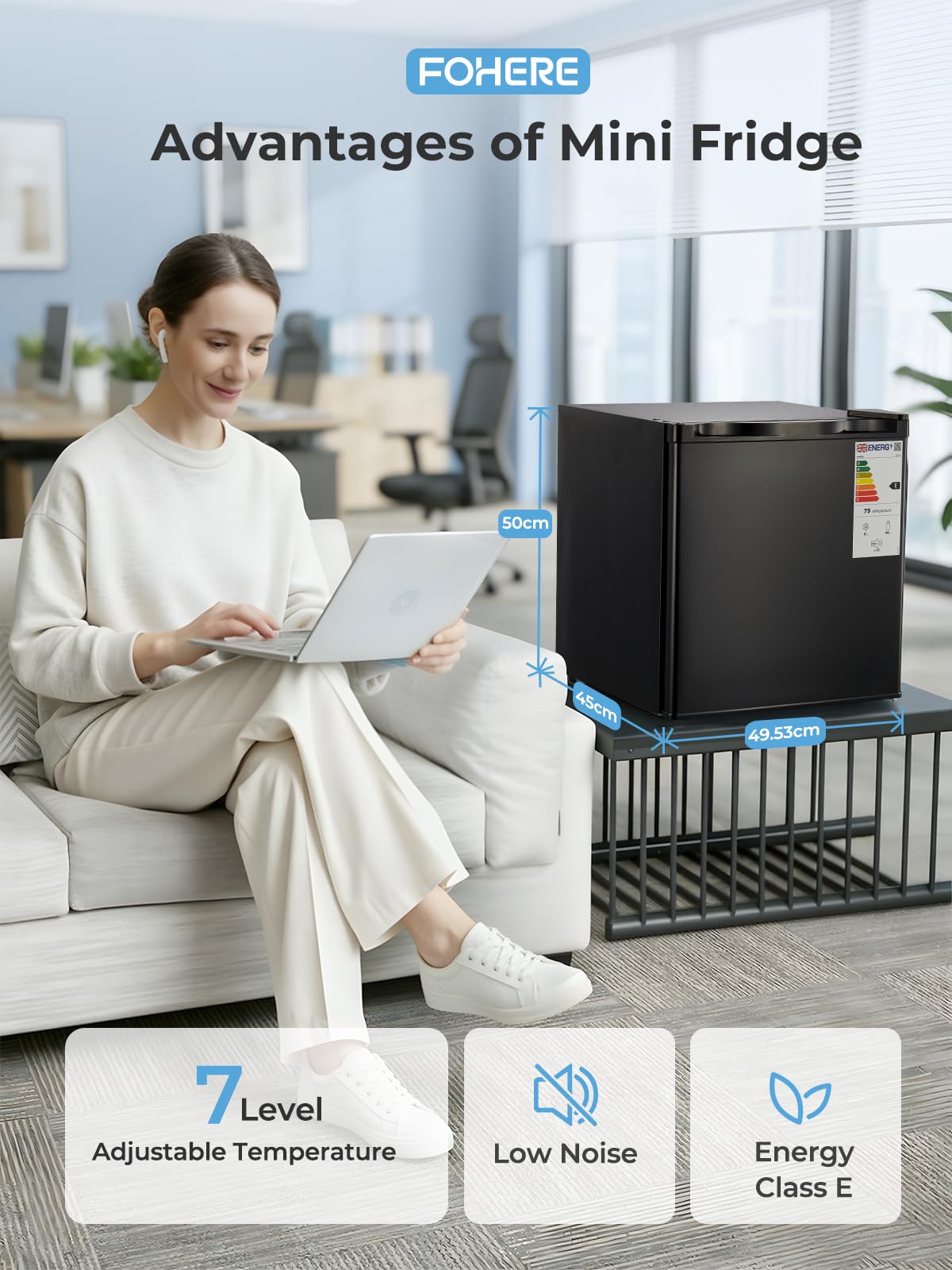FOHERE Mini Frigorífico 46L, Nevera Pequeña, 7 Niveles de Enfriamiento, Eficiente y Ahorro de Energía, Ultra Silenciosa, Puerta Reversible y Patas Ajustables, para Hotel, Oficina, Dormitorio, Negro