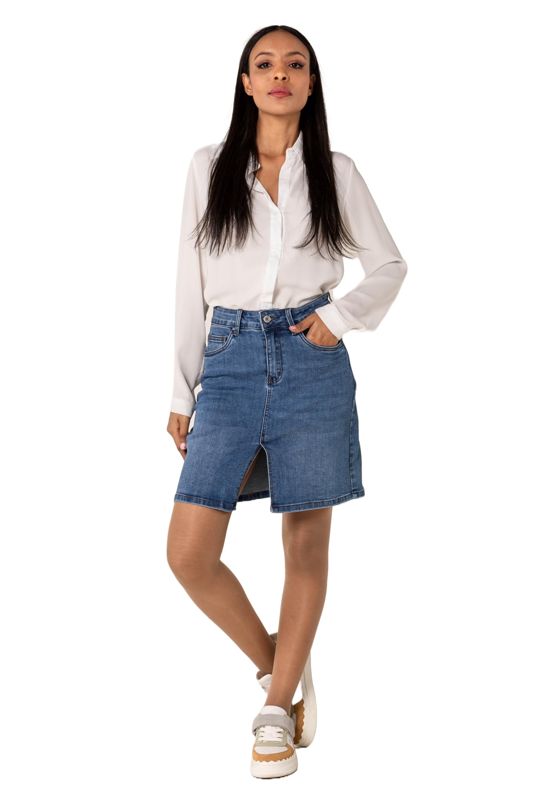 Nina Carter P213 Falda vaquera corta para mujer, con abertura frontal, cremallera elástica, aspecto desgastado