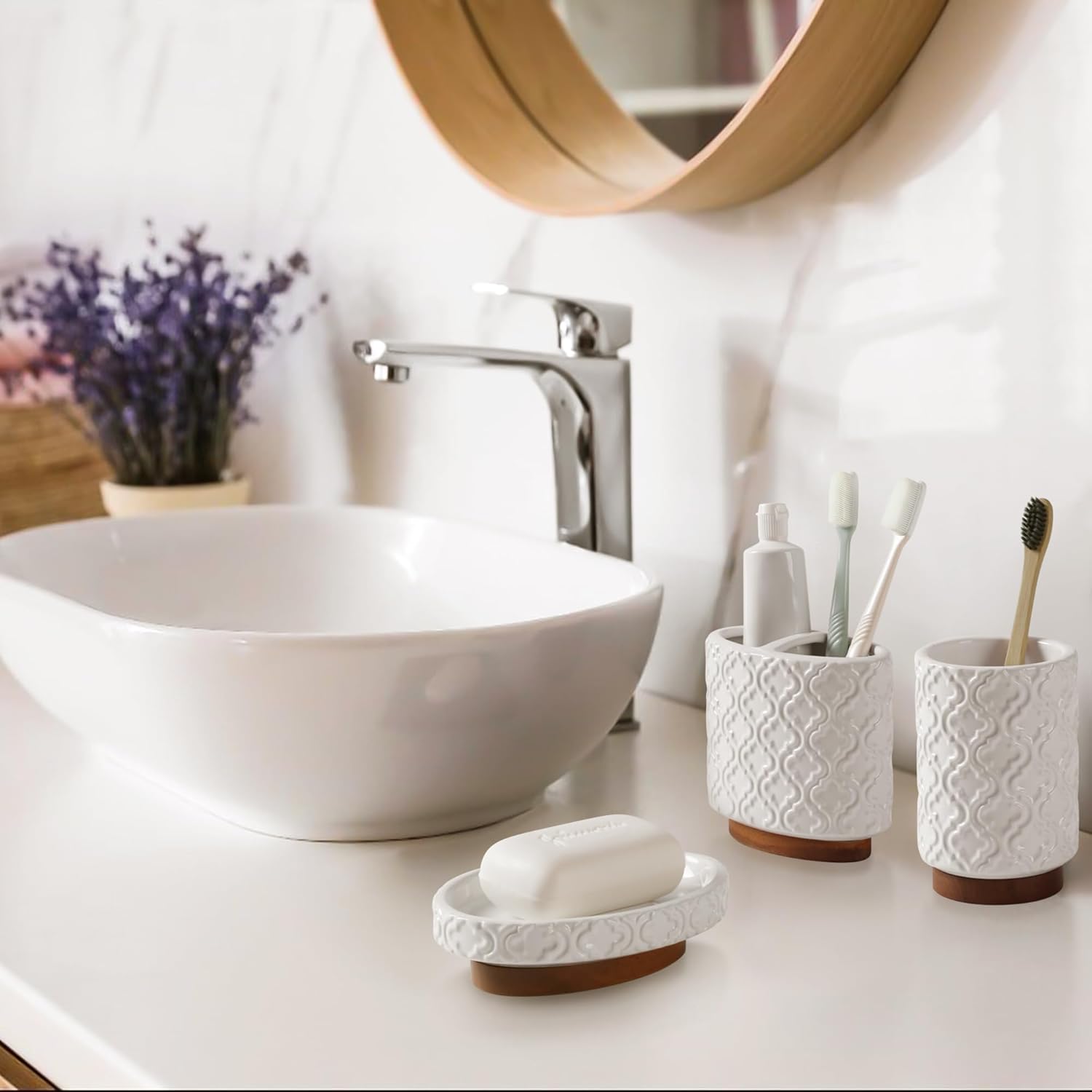 RQYIXI Elegant 5 PCS Ceramic&Wood Bathroom Accessories Set:Soap Dispenser,Toothbrush Holder,Tumbler,Soap Dish,Cotton Swab Jar,Easy to Clean,Quatrefoil Pattern,White-Affordable Home Luxury