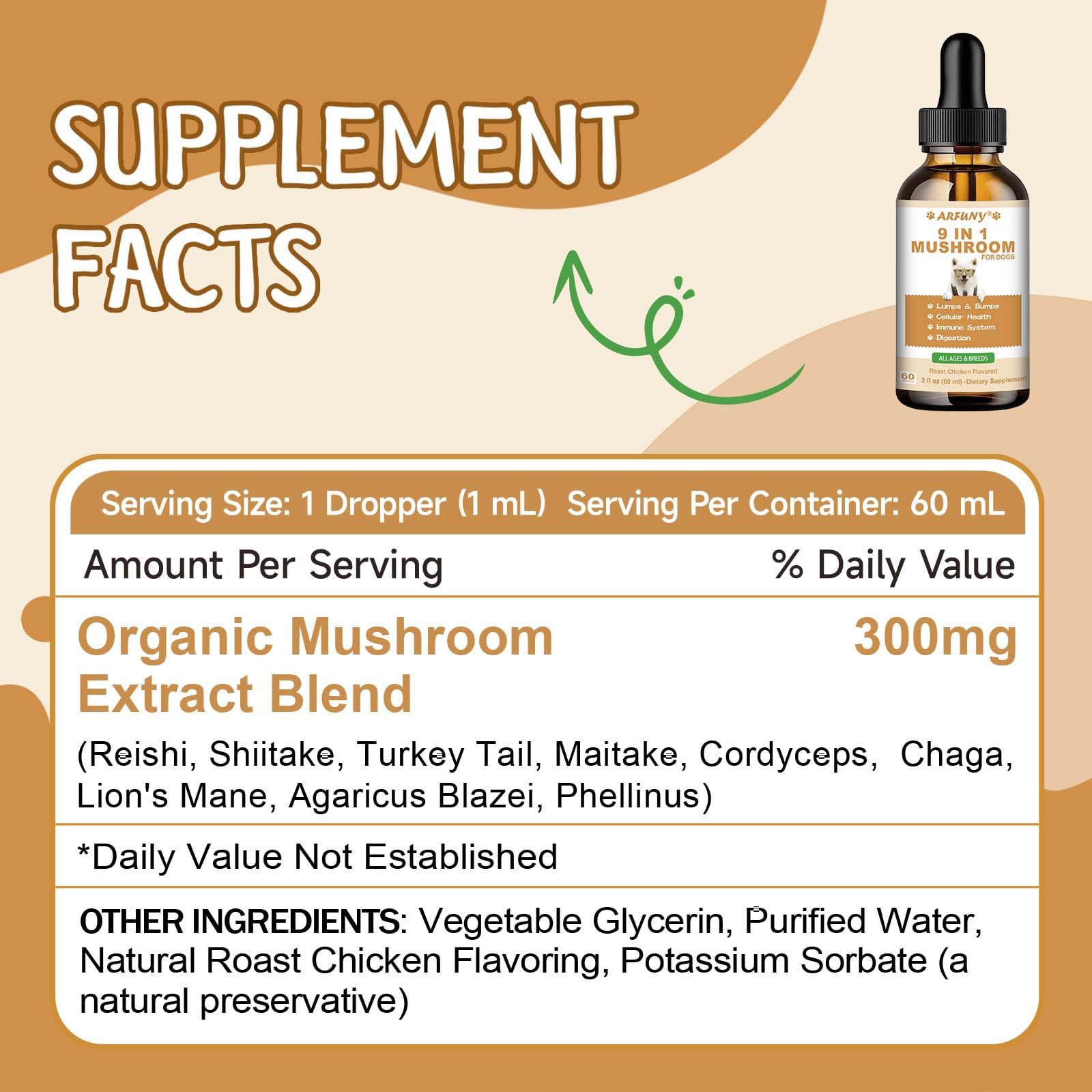 9 in 1 Fungo per cani - Integratore di funghi per cani - Sistema digestivo, pelle, articolazioni, immunità - con 9 funghi - Gusto pollo arrosto, 60ML
