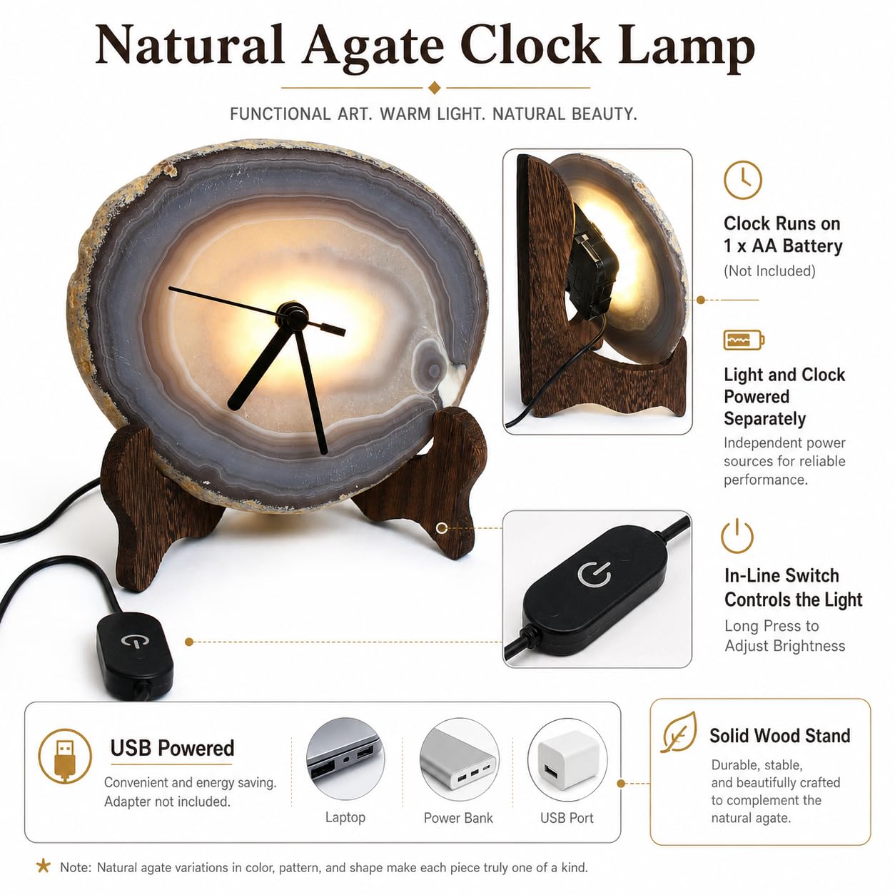 Orologio da scrivania con fette di agata naturale con retroilluminazione a LED, orologio da tavolo unico al quarzo in cristallo grezzo, arte geode unica nel suo genere, decorazione per casa e