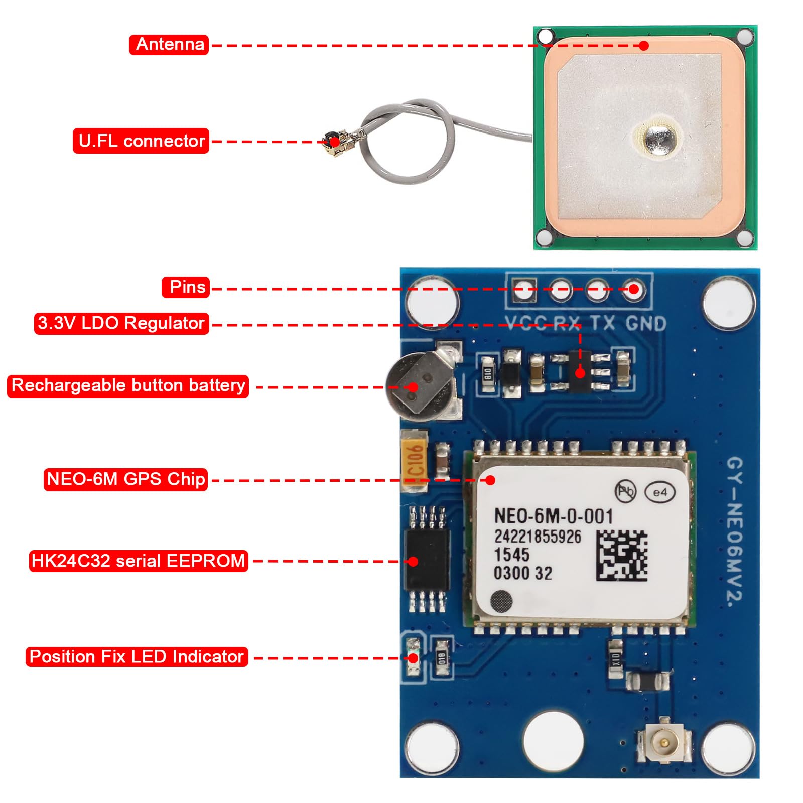 Module GPS GY-NEO6MV2 NEO-6M Avec Antenne Céramique - Compatible Arduino APM 2.5, Haute Précision