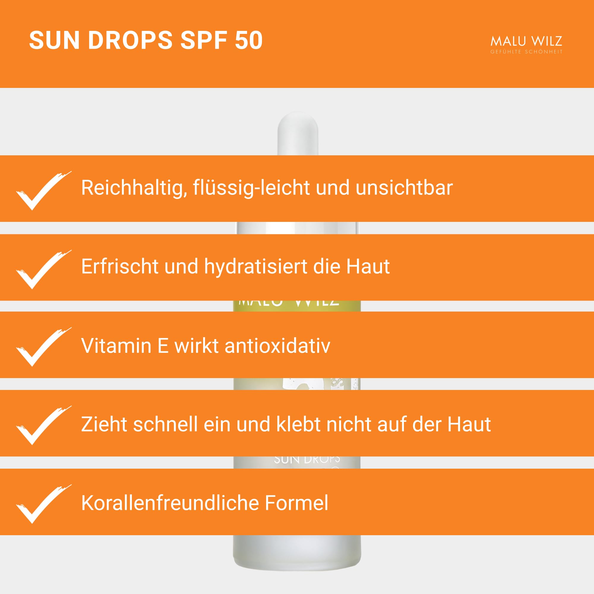Malu Wilz Sun Drops SPF 50 30ml I Lotion für effektiven Sonnenschutz I Mit Vitamin E und Olivenöl als pflegende Wirkstoffe I Wasser- und schweißfest I Vegan