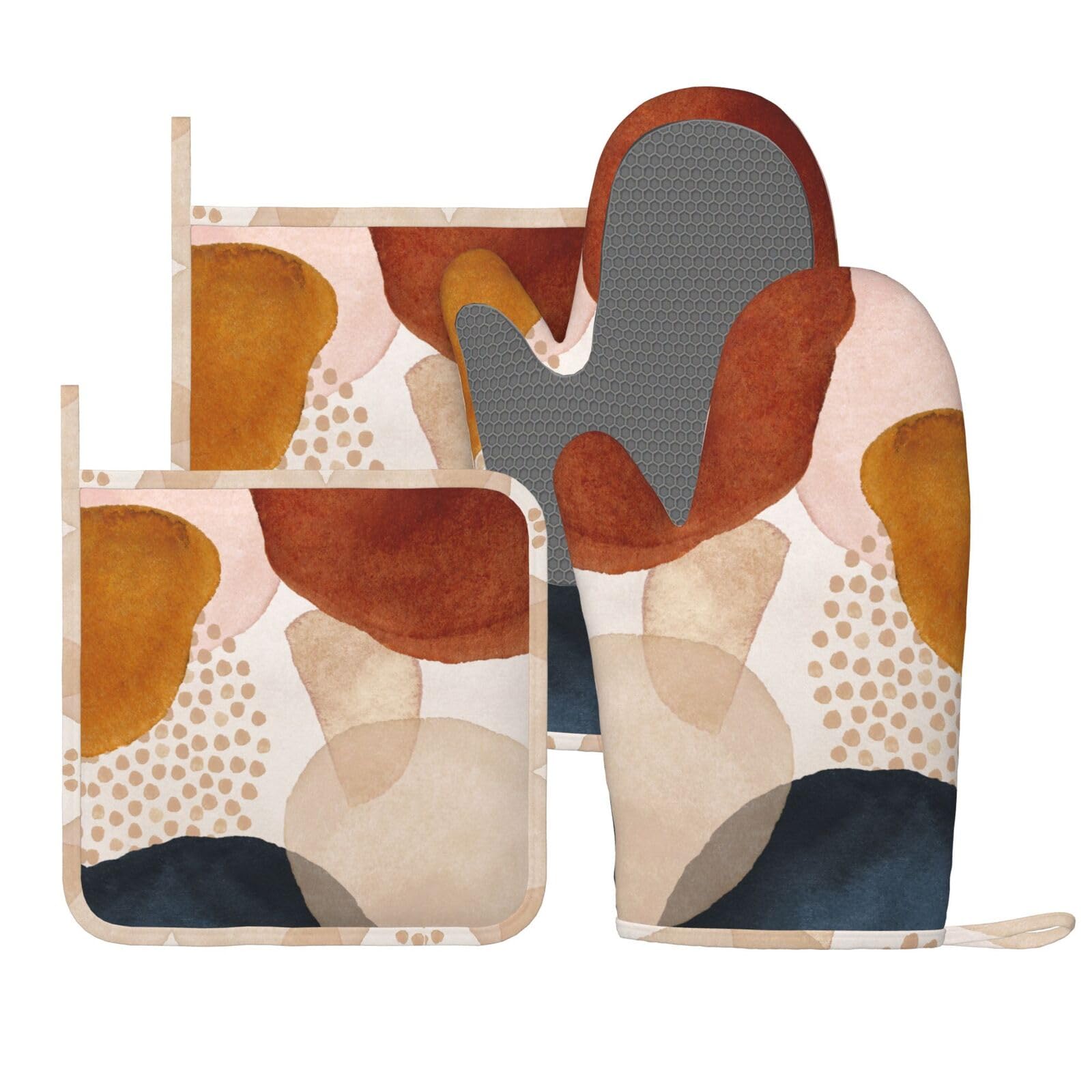 Boho Abstract Minimalist Aesthetic Oven Mitts and Pot Holders Sets, 4pcs Silicone Non-Slip Kitchen Mitts Potholders Heat Resistant BBQ Gloves Hot Pads
