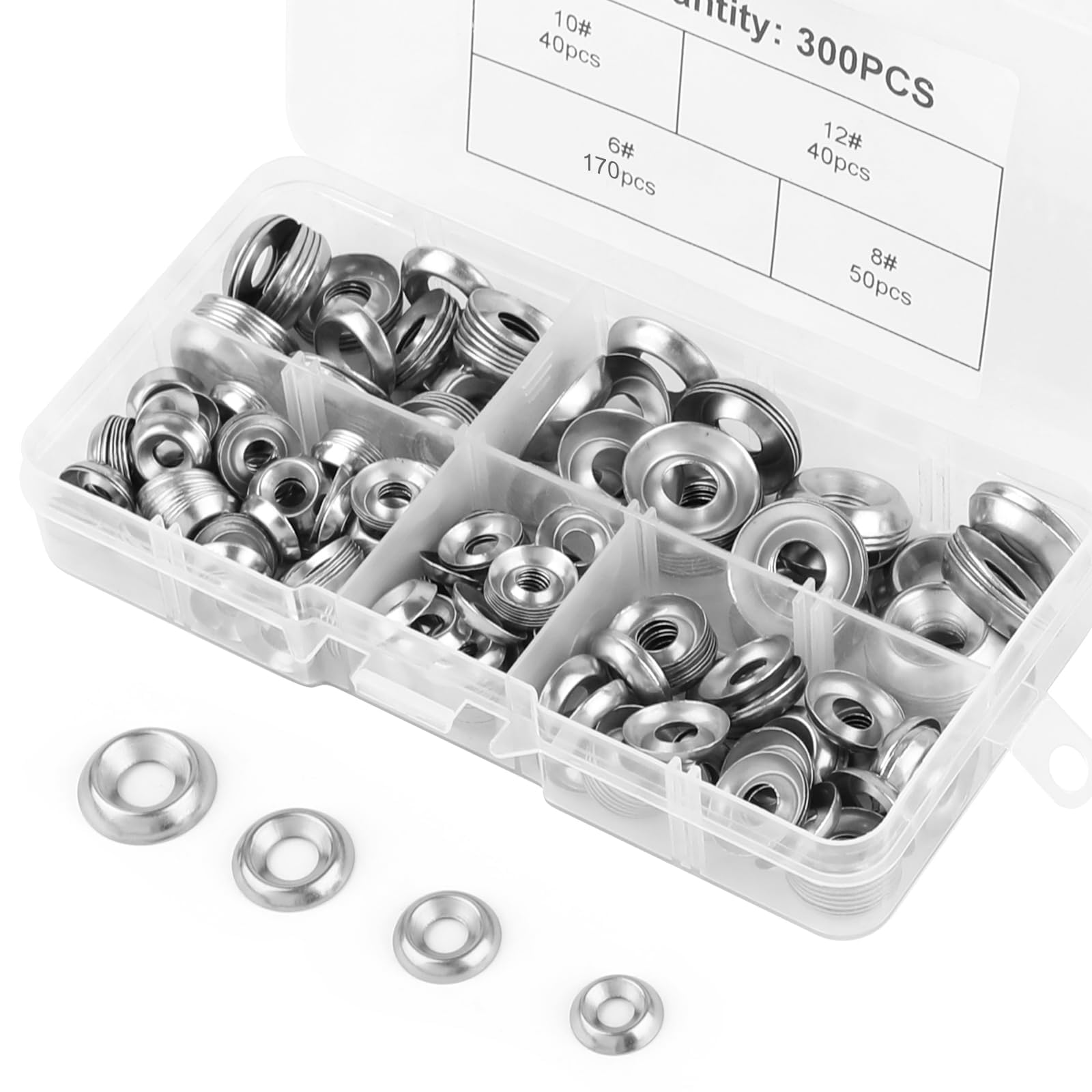 300 Pcs 6#8#10#12# Finish Countersunk Washer for Screws, 304 Stainless Steel Flat Cup Head Screw Gasket Bolt for Mechanical Accessories Parts DIY Models, Industrial Use (Silver)
