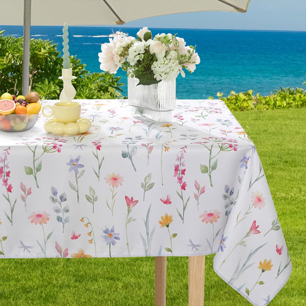 Spring Summer Outdoor Tablecloths With Umbrella Hole,Zipper Rectangle 60x120 Inch, Washable Reusable Watercolor Floral Table Cloth, Spill Proof Pastel Flower Fabric Table Cover For Picnic Party Patio