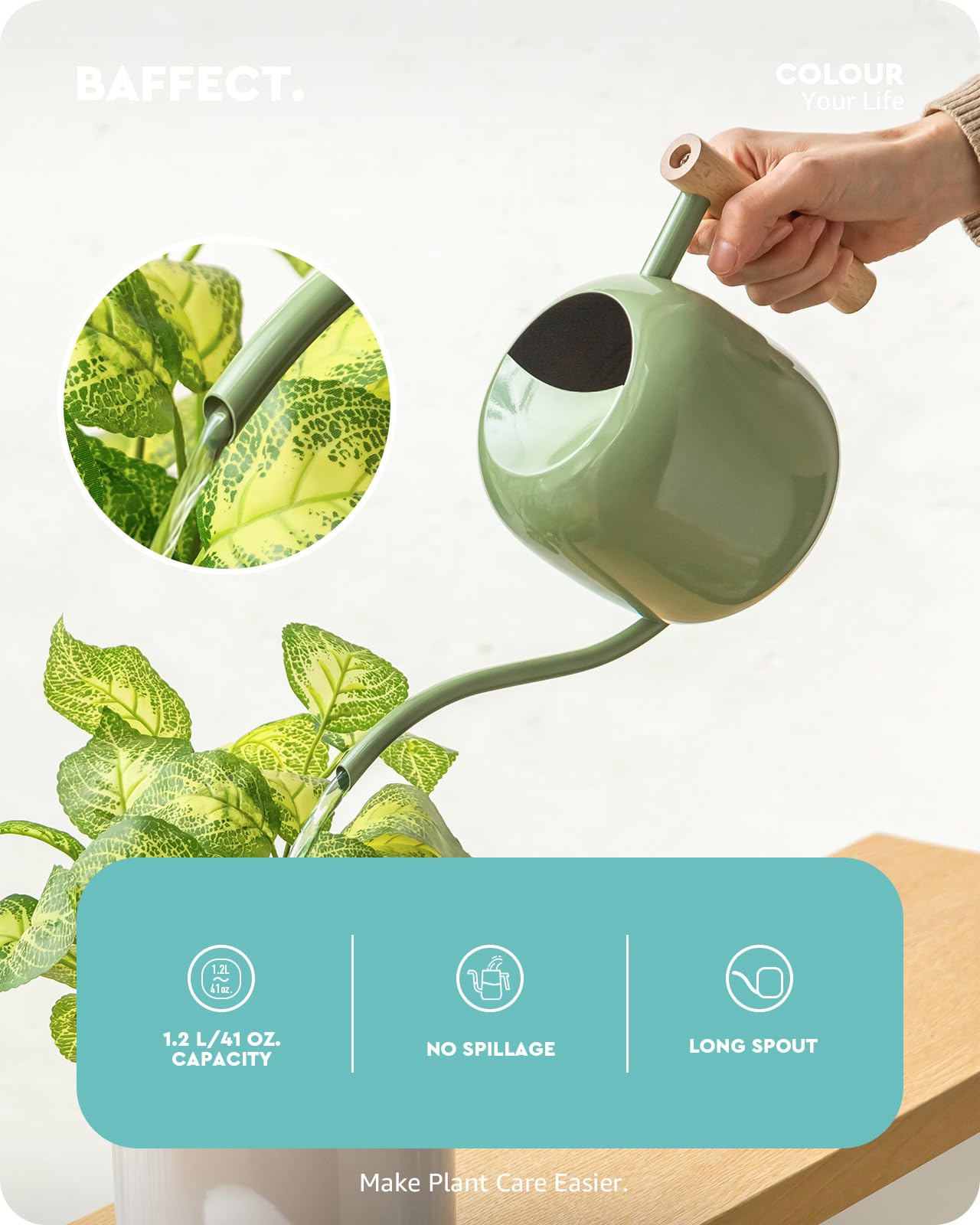 Baffect Arrosoir d'intérieur pour plantes d'intérieur et bonsaï (1,2 L, vert sauge) | Petit pot d'arrosage en métal pour plantes d'intérieur avec long bec et poignée en bois, 1 162,3 g