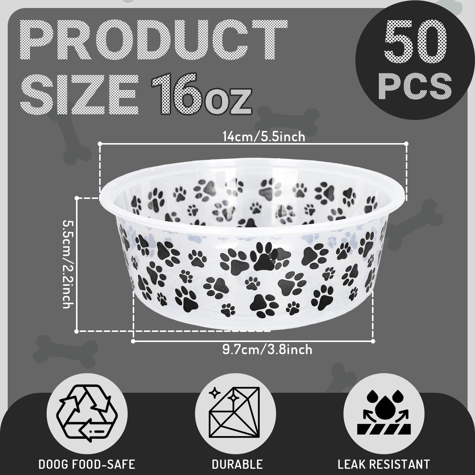 FYSUIMU 50Pcs Pet Disposable Feeding Bowls Cute Black Dog Paw Print Plastic Food Bowls Pet Travel Bowls for Dog Cat Dry and Wet Food Water, 16Oz