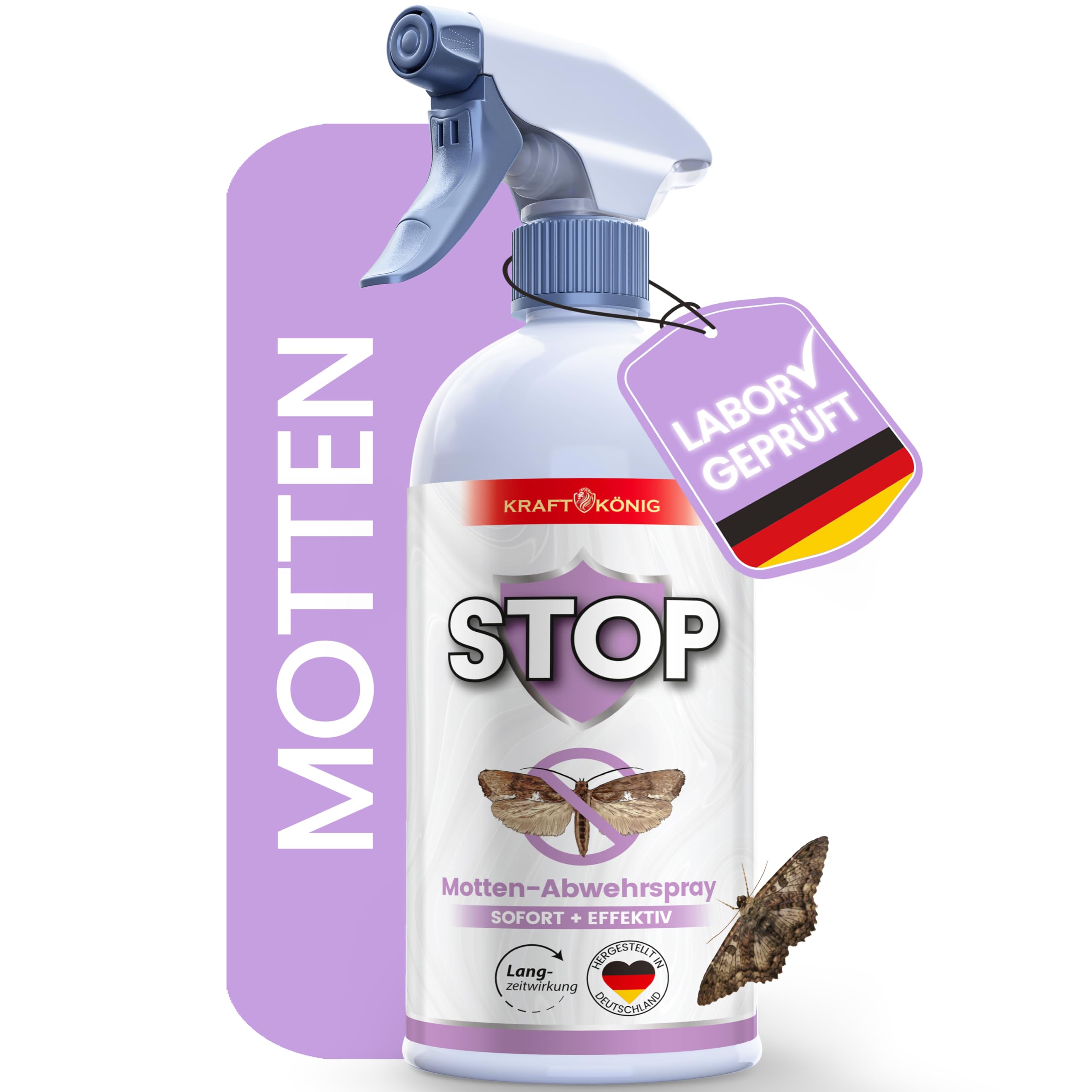 KRAFTKÖNIG Mottenspray 500 ml – Hochwirksam mit Soforteffekt – Für Kleiderschrank, Textilien & Küche – Motten Spray für Lebensmittelmotten & Kleidermotten – Zitrusduft & insektizidfrei
