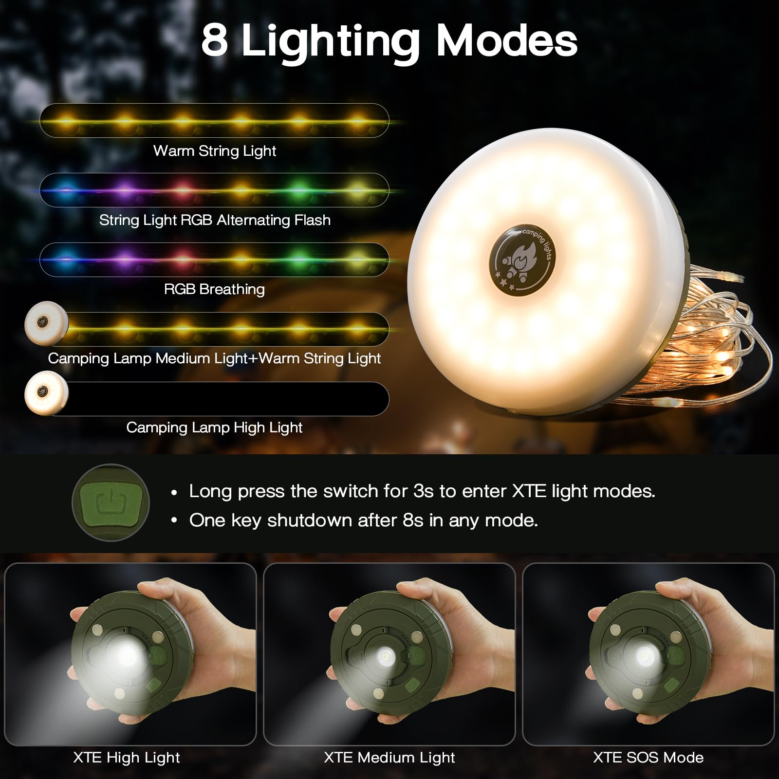 Guirlande Lumineuse Escamotable Camping,10M Guirlande Lumineuse Rechargeable et Portable,2 En 1 Guirlandes Lumineuses de Camping Portables | Leroy Merlin