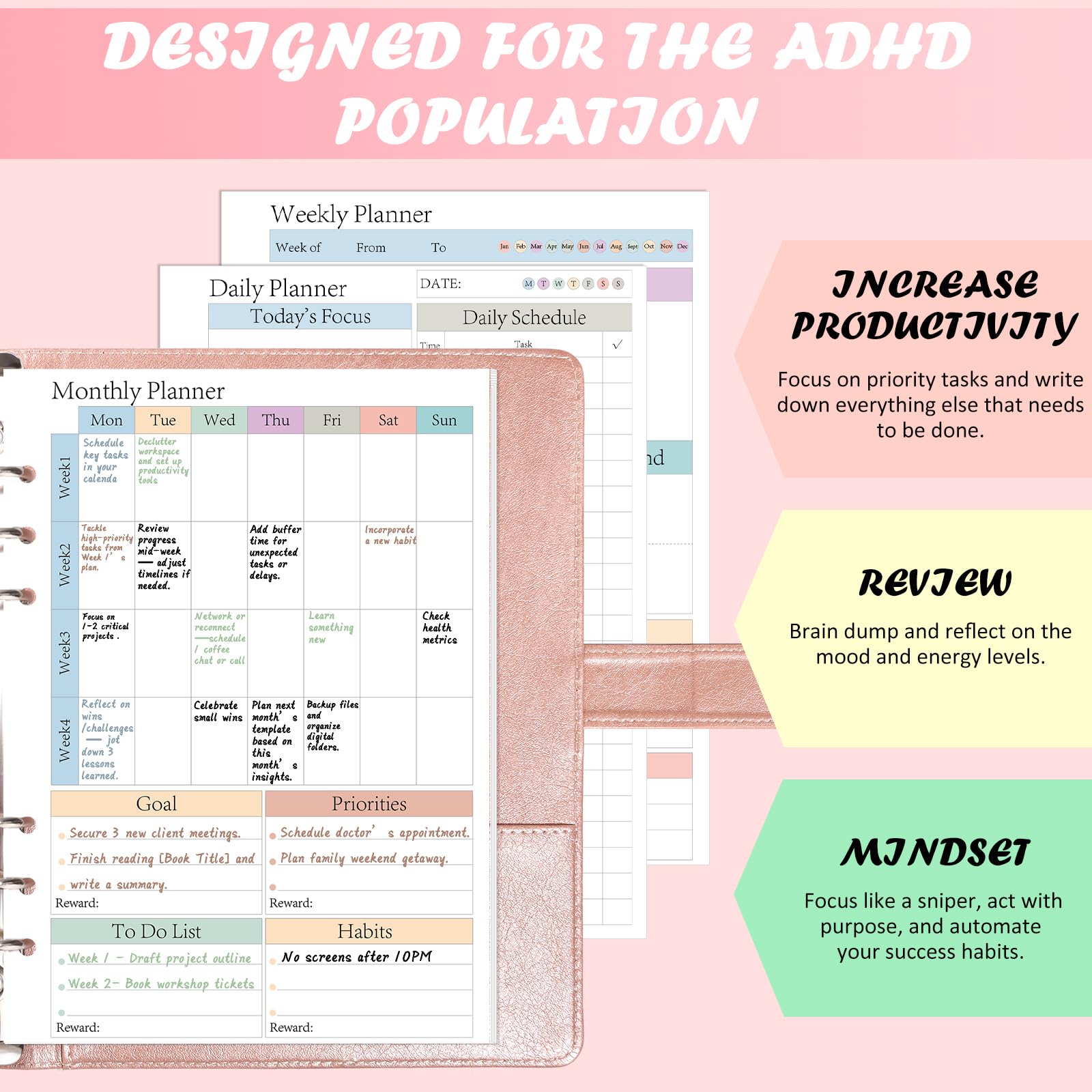 ADHD Planer A5, wkłady do planera, codzienne, tygodniowe, miesięczne, 120 arkuszy/240 stron na 6 segregatorów, niedatowane wkłady do planerów, kolorowy papier do uzupełniania listy rzeczy do zrobienia