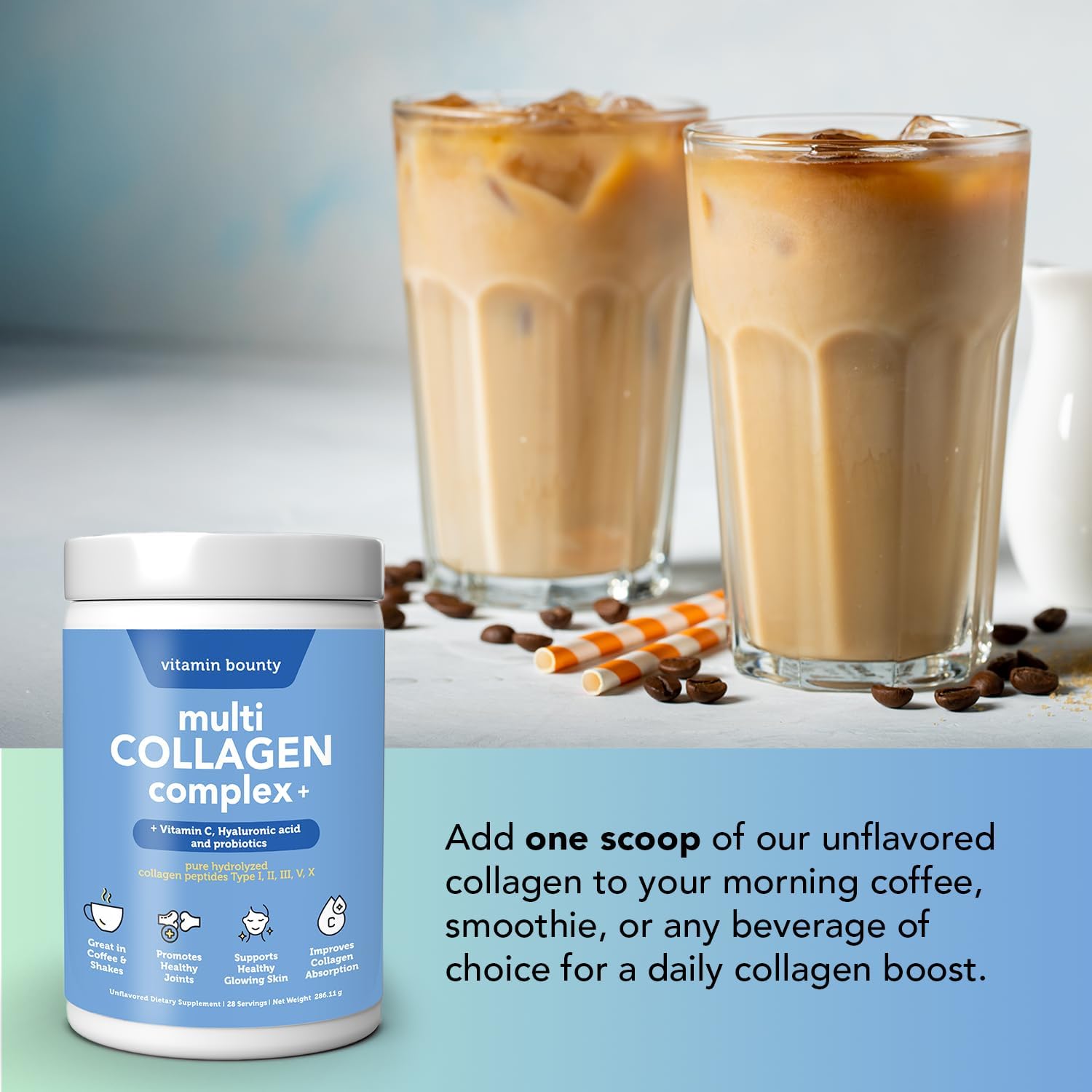 Vitamin Bounty Multi Collagen Peptides Powder for Men & Women (Complex Plus) - 5 Types Hydrolyzed Collagen Protein - Probiotics, Vitamin C & Hyaluronic Acid - Grass Fed Bovine Supplements, 28 Servings