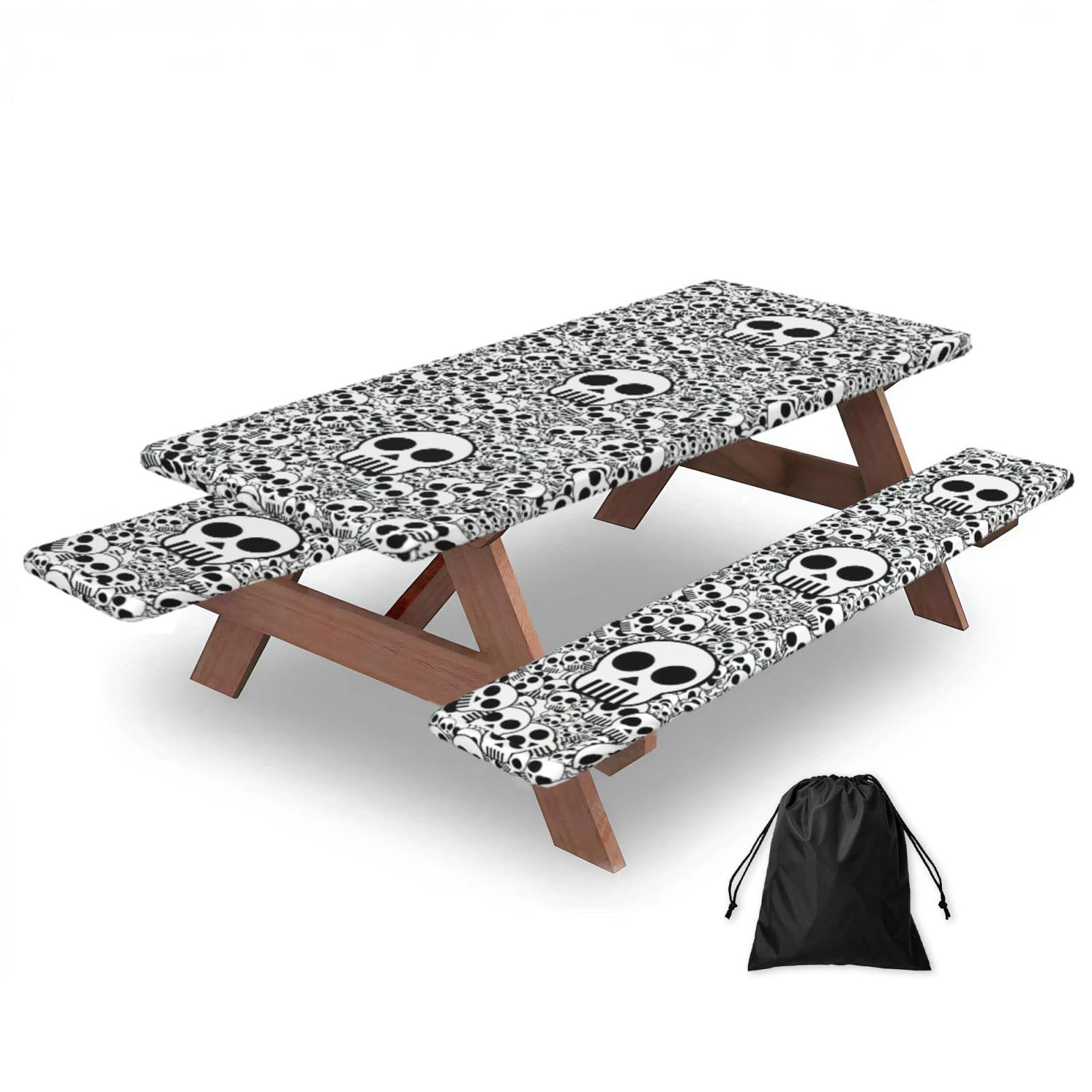 Yqxwjl Black And White Skulls Print Camping Essentials Waterproof Camping Table And Bench Cover With Drawstring Bag 183 Cm