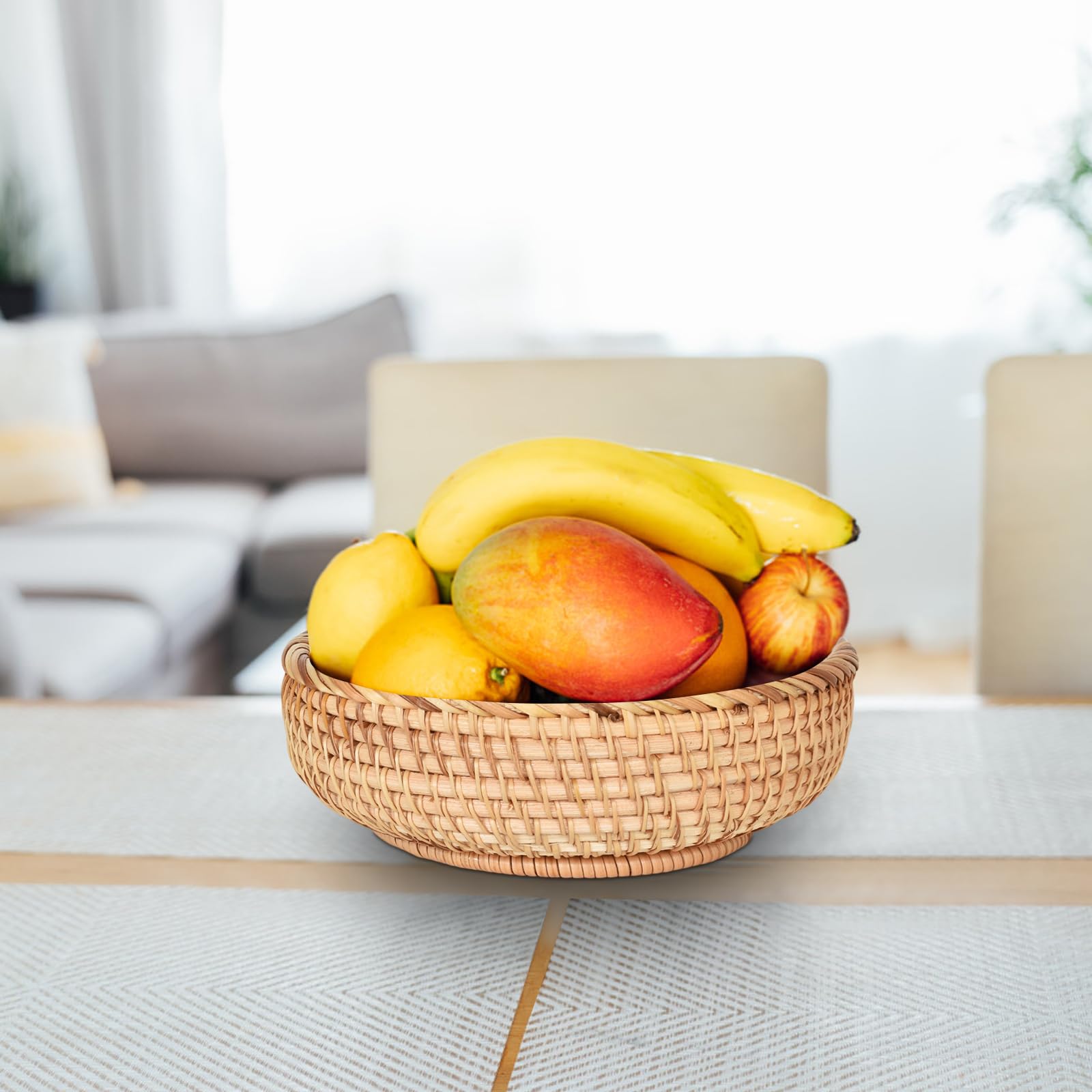 Rond rotan dienblad, handgevlochten decoratief dienblad, natuurlijke rotan fruitschalen rond, geweven opbergmand voor fruit, brood, koekjes, snoep, speelgoed, 20 x 6 x 6 cm