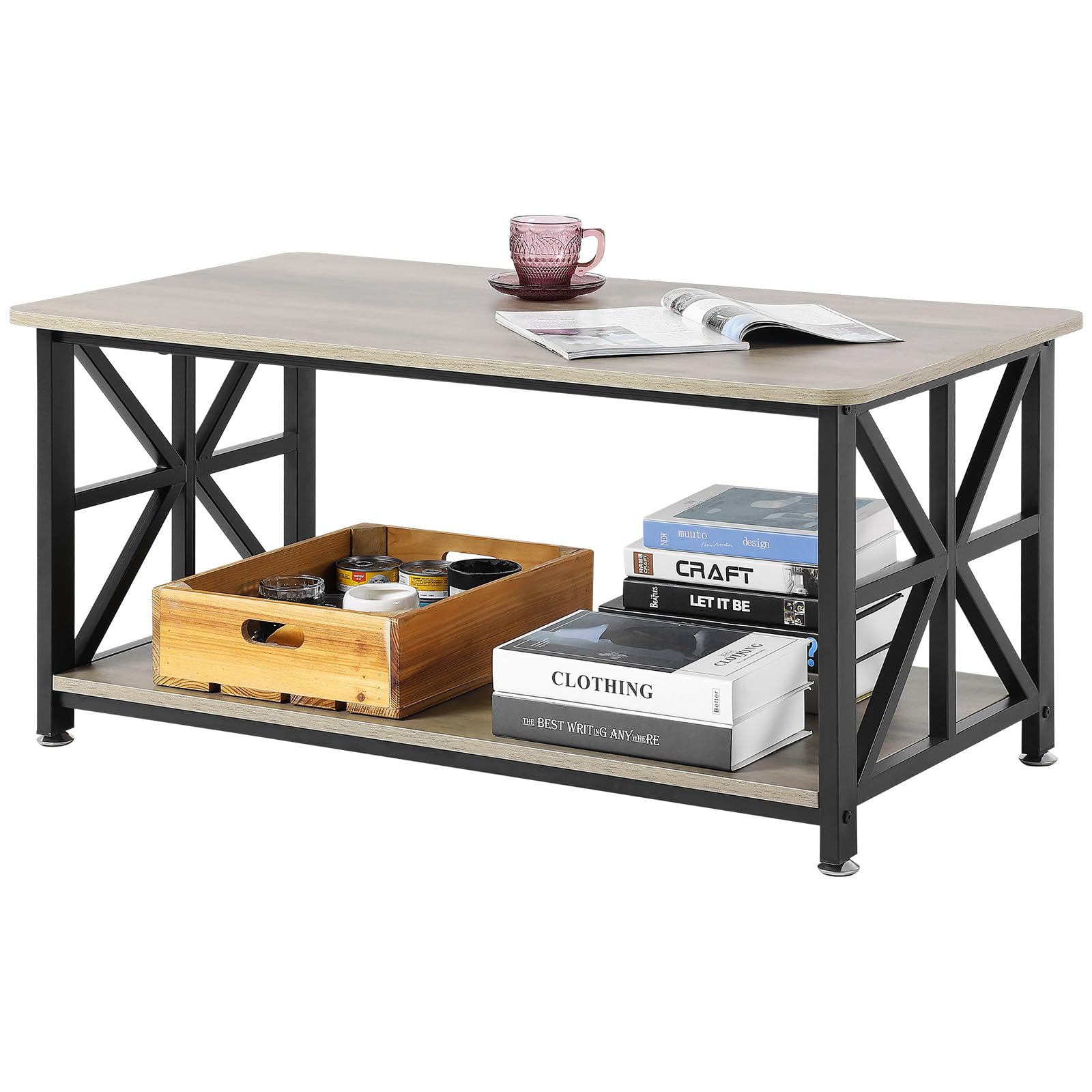 VEVOR Mesa de Centro Rústica de 1000 x 500 x 465 mm, Mesa de Centro Rectangular con Compartimento de Almacenamiento Abierto Mesa de Madera para Sala de Estar, Apartamento, Dormitorio, Marrón y Negro