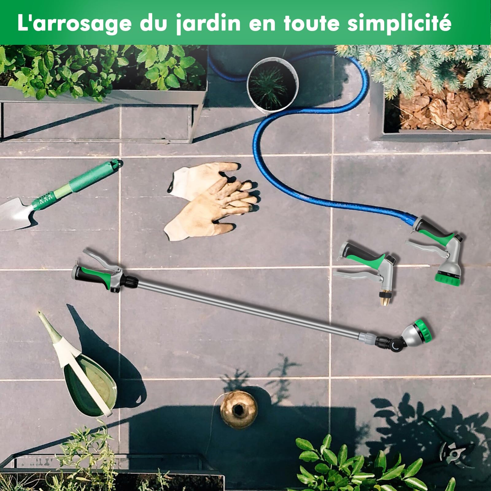 RESTMO Canne d'Arrosage Télescopique 92-152 cm, Longe Pomme Métallique avec Tête Pivotante 180°, 7 Motifs de Pulvérisation, Baguette Magique pour Jardinières Suspendues et Arbustes, Vert