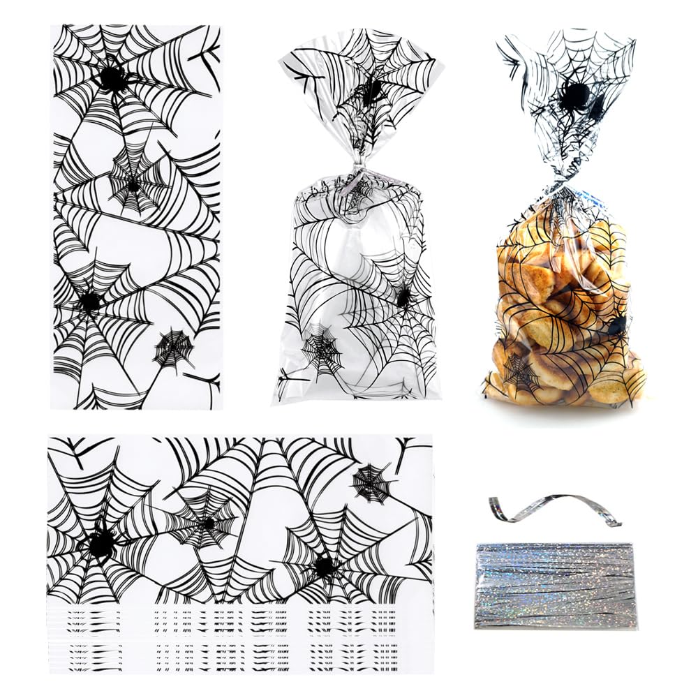 FAZHBARY 100 PCS Halloween Cellophane Bags Black Spider Halloween Goodie Bags Candy Spider Web Treat Bag Cello Bags Gift Bags for Party Wrapping