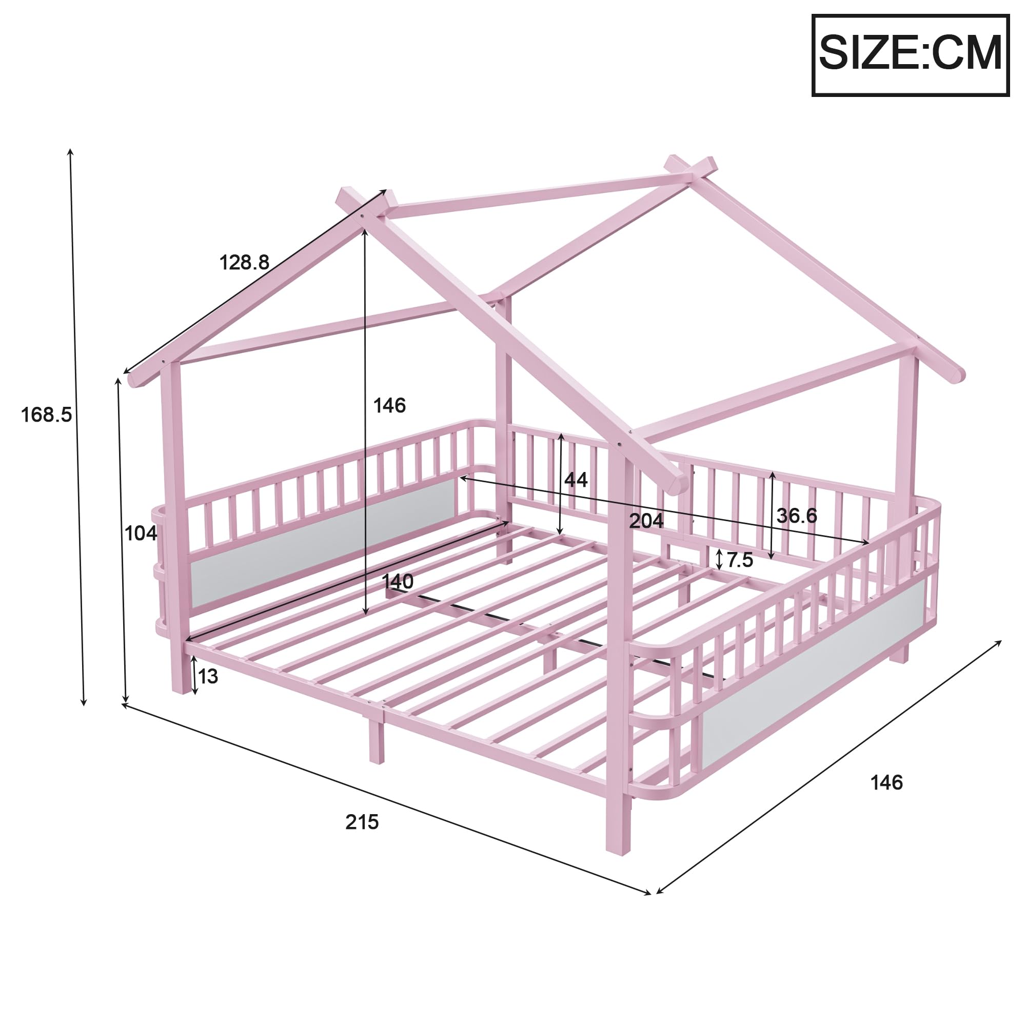 Merax Kinderbett aus Metall in Hausform 140x200 cm mit Sicherheitsgitter & Dachdesign – Rosa (Ohne Matratze)