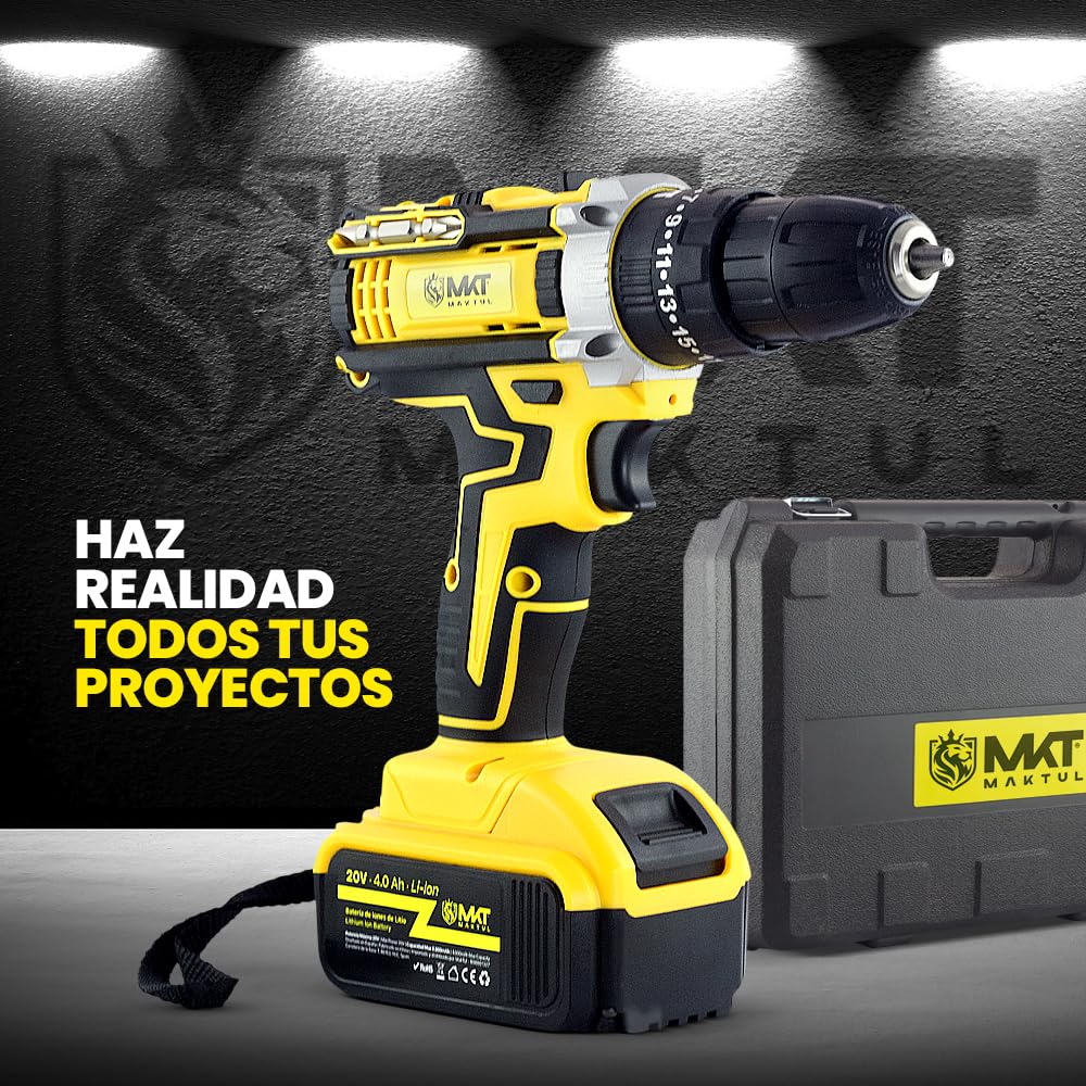 MAKTUL Taladro Percutor a Bateria Potente 2x4000mAh 20V Destornillador Electrico Atornillador Multifunción Inalámbrico con Accesorios Bricolaje 100% Compatible, Luz Nivel Ajuste de Par, 2 Velocidades