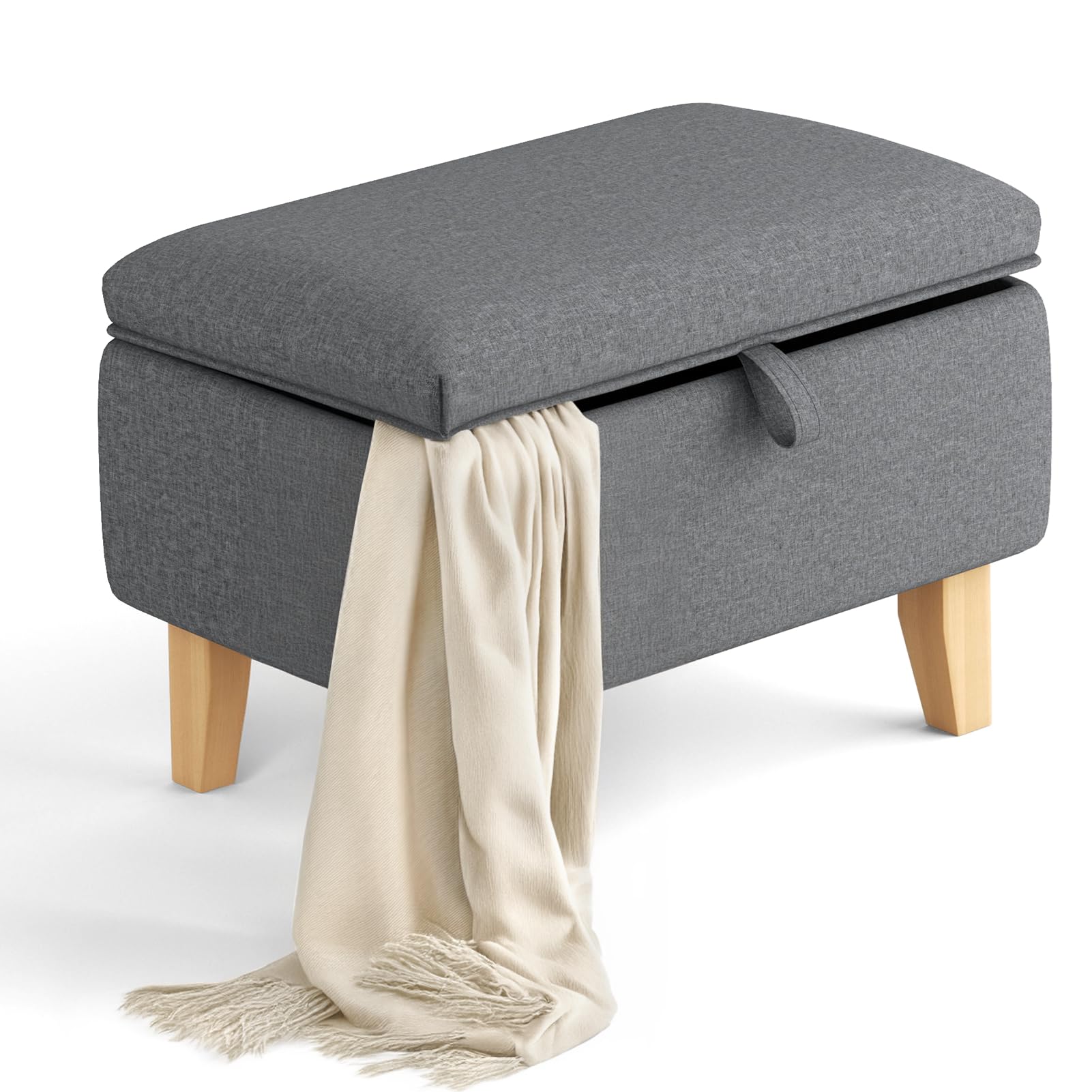 INMOZATA Linen Ottoman Footstool Upholstered Footstool with Storage Pouffe Stool Storage Stool Change Shoe Footrest Wooden Legs for Living Room Bedroom Dark Grey