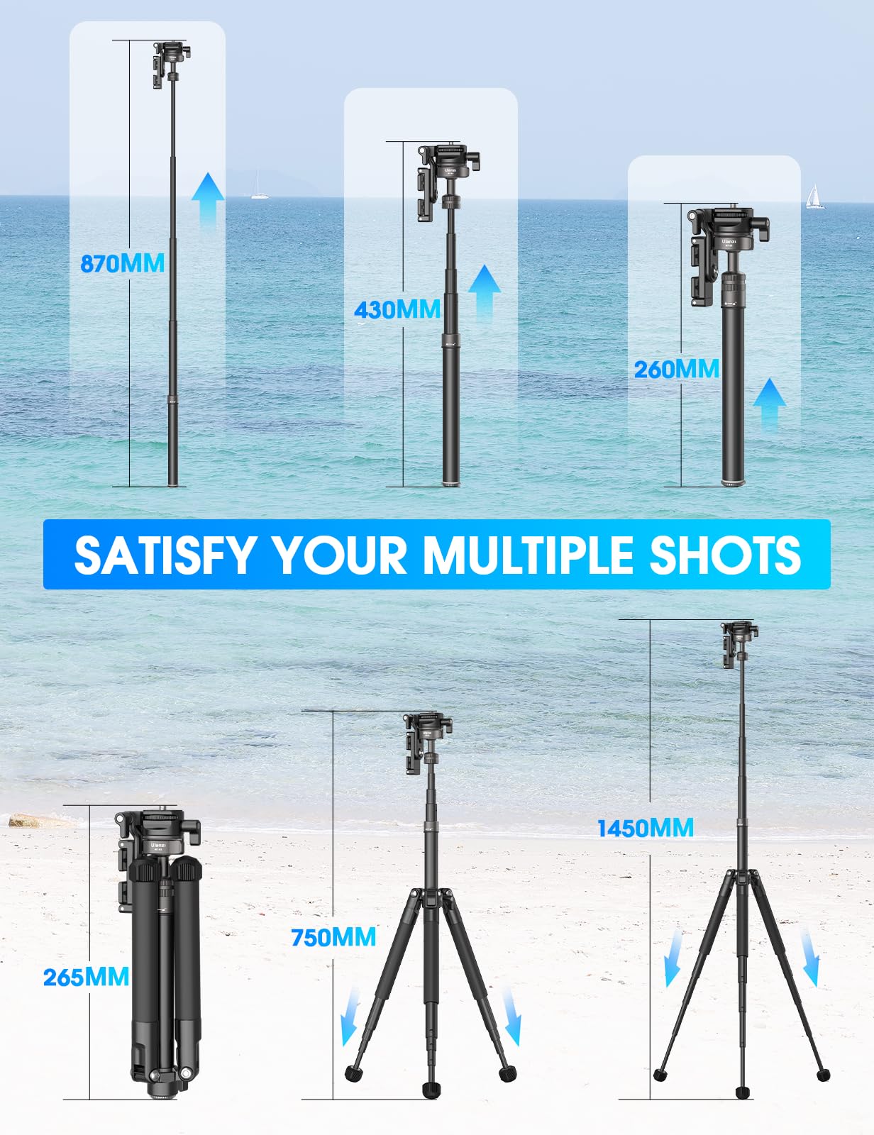 ULANZI MT-63 Mini treppiede per telefono, 57 pollici, portatile, pieghevole, in lega di alluminio, treppiede per fotocamera estensibile con clip per telefono 2 in 1, testa a sfera a 360°, treppiede