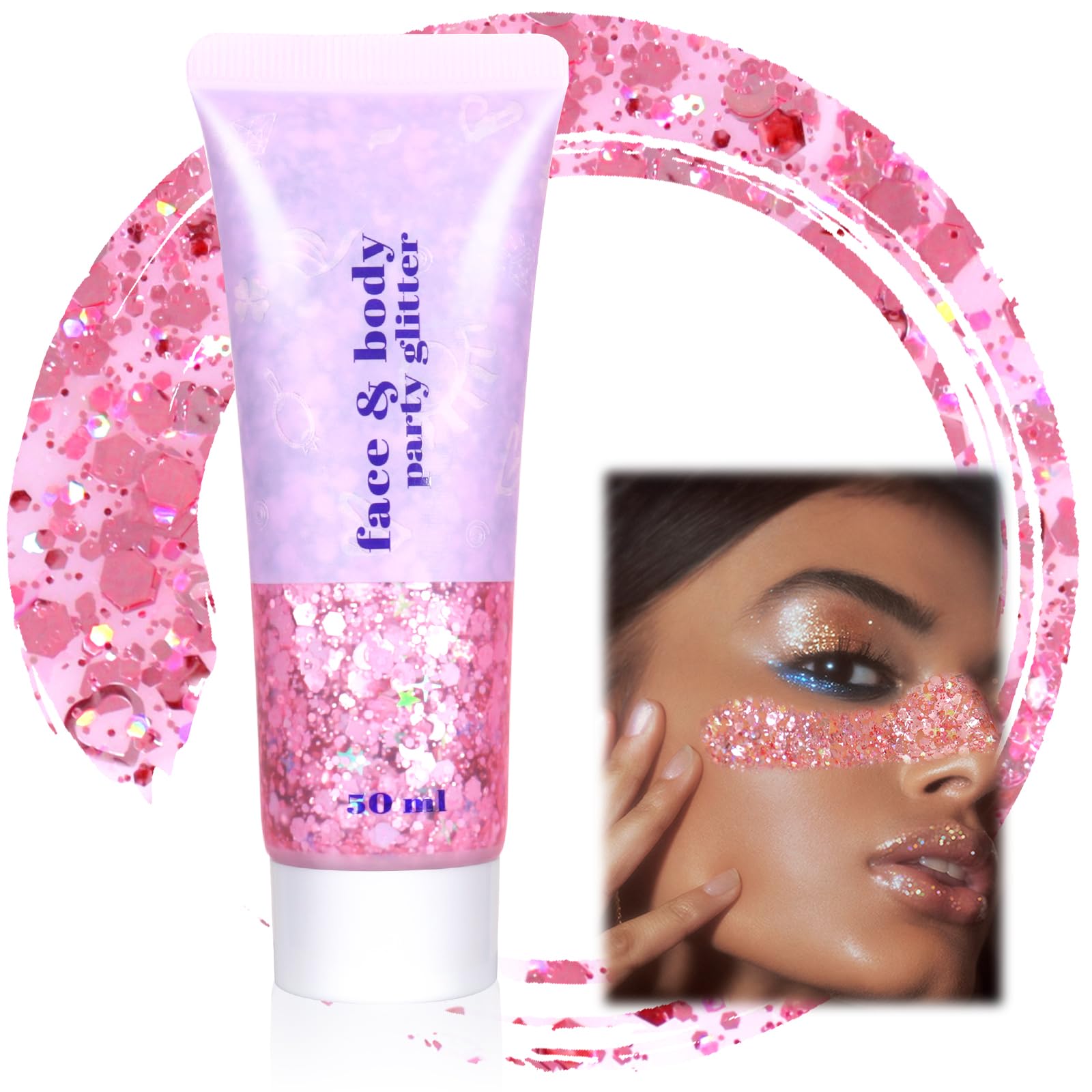 Boko 50ML Body Glitter Gel, Pink Chunky Glitter Gel for Face Hair Body Love Heart Makeup, Mermaid Face Glitter Sequins for Festival Music Concert
