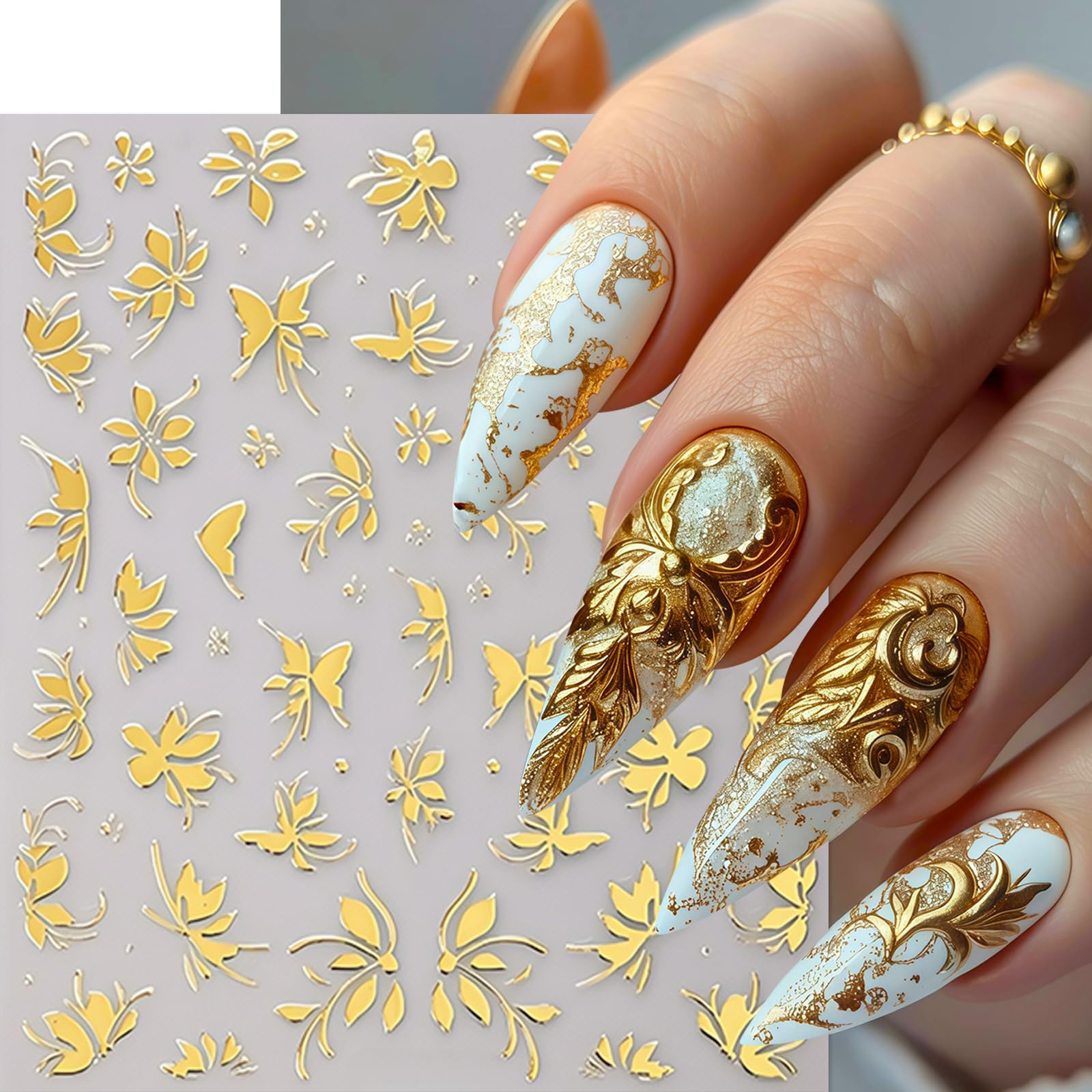 la.leia_nail　金箔 Amazon.com: 6Pcs Gold Nail Art Stickers 3D Metallic Flower Leaf