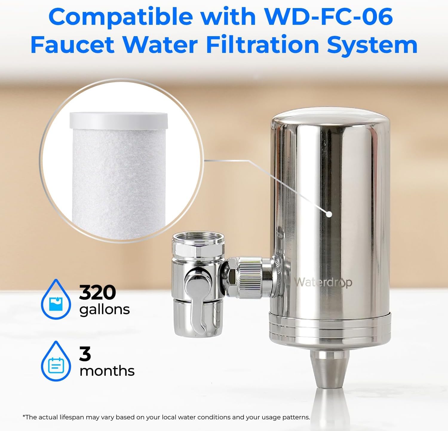 Waterdrop WD-FF-03A Wymienny Filtr do WD-FC-06 Kranu, Redukuje 94.42% Chloru, Złego Smaku i Więcej, Trwałość do 9 Miesięcy (Pakiet 3 Sztuk)