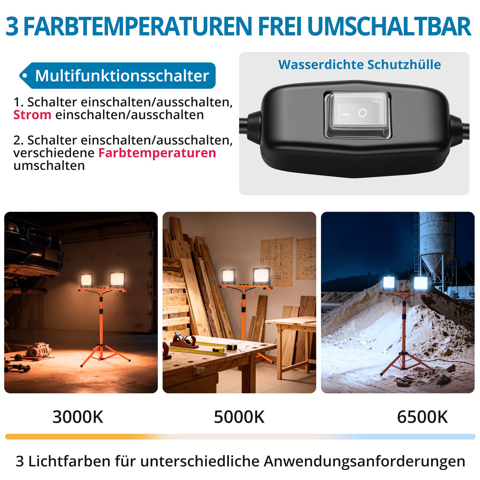AUTOUTLET Baustrahler LED mit Stativ 200W, 3 Farbtemperaturmodi & 5M Kabel | 19000LM Baulampe, 3000K/5000K/6500K, 118-174cm Höhenverstellbar Stativ, IP66 Wasserdicht, Abnehmbar, für Garage Baustelle