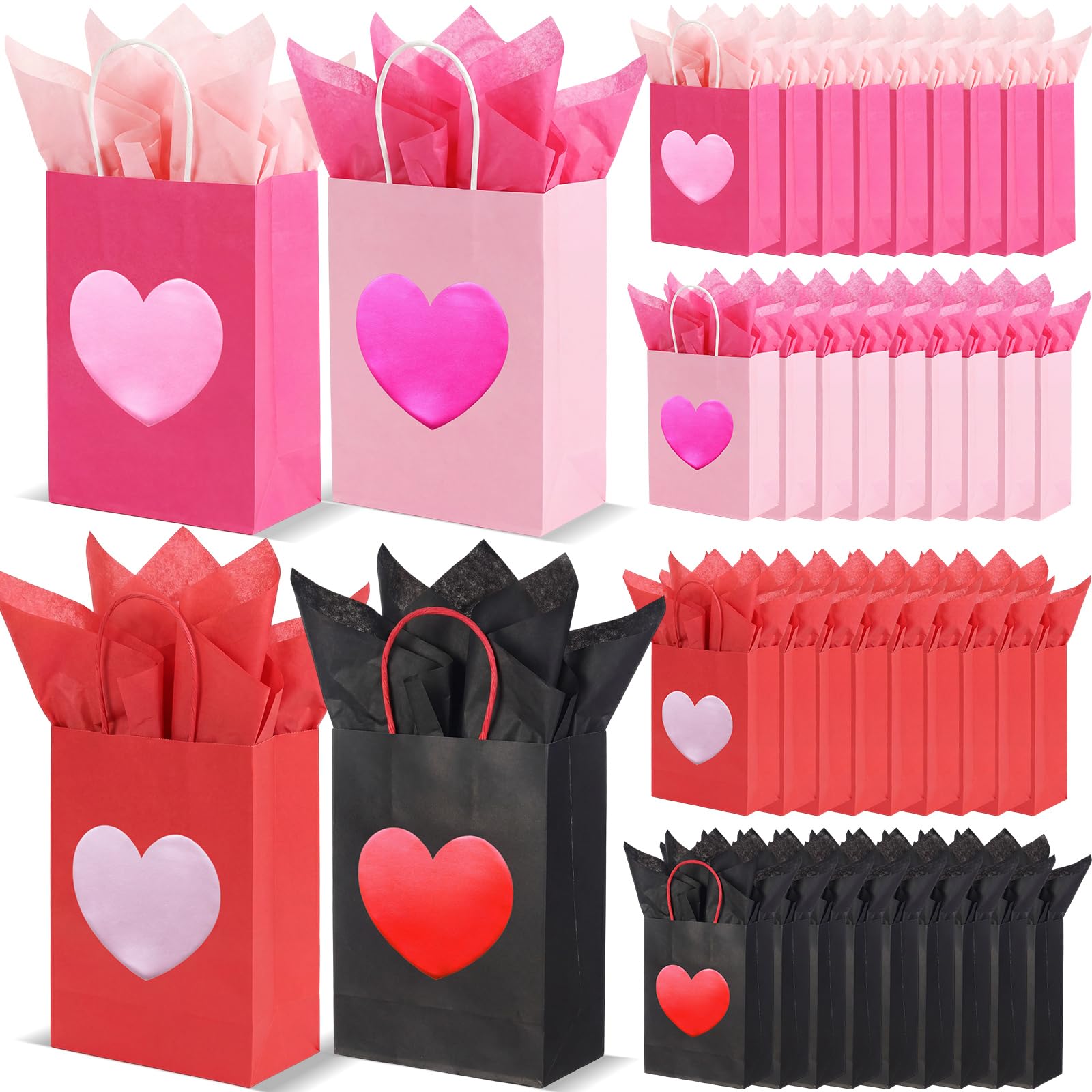 Jaloro 48 Pack Galentines Party Gift Bags with Tissue Paper 8 x 6 x 3.15 Inches Metallic Heart Candy Goodie Favor Kraft Paper Bags with Handles Gift Wrap Bag for Birthday Wedding Anniversary Dating