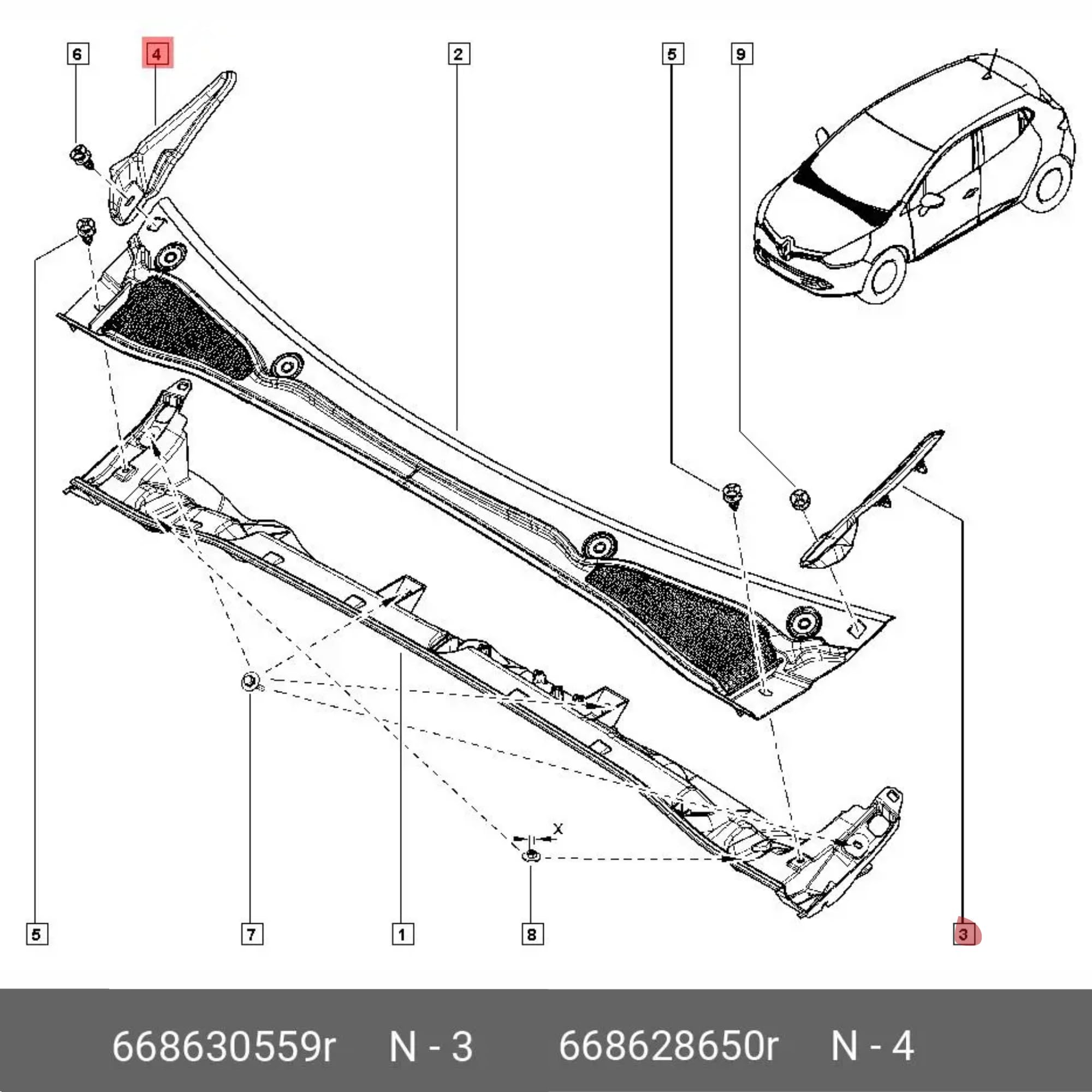 Trim laterale Baia di parabrezza anteriore sinistro destro con clip Clio IV 668630559R / 668628650R