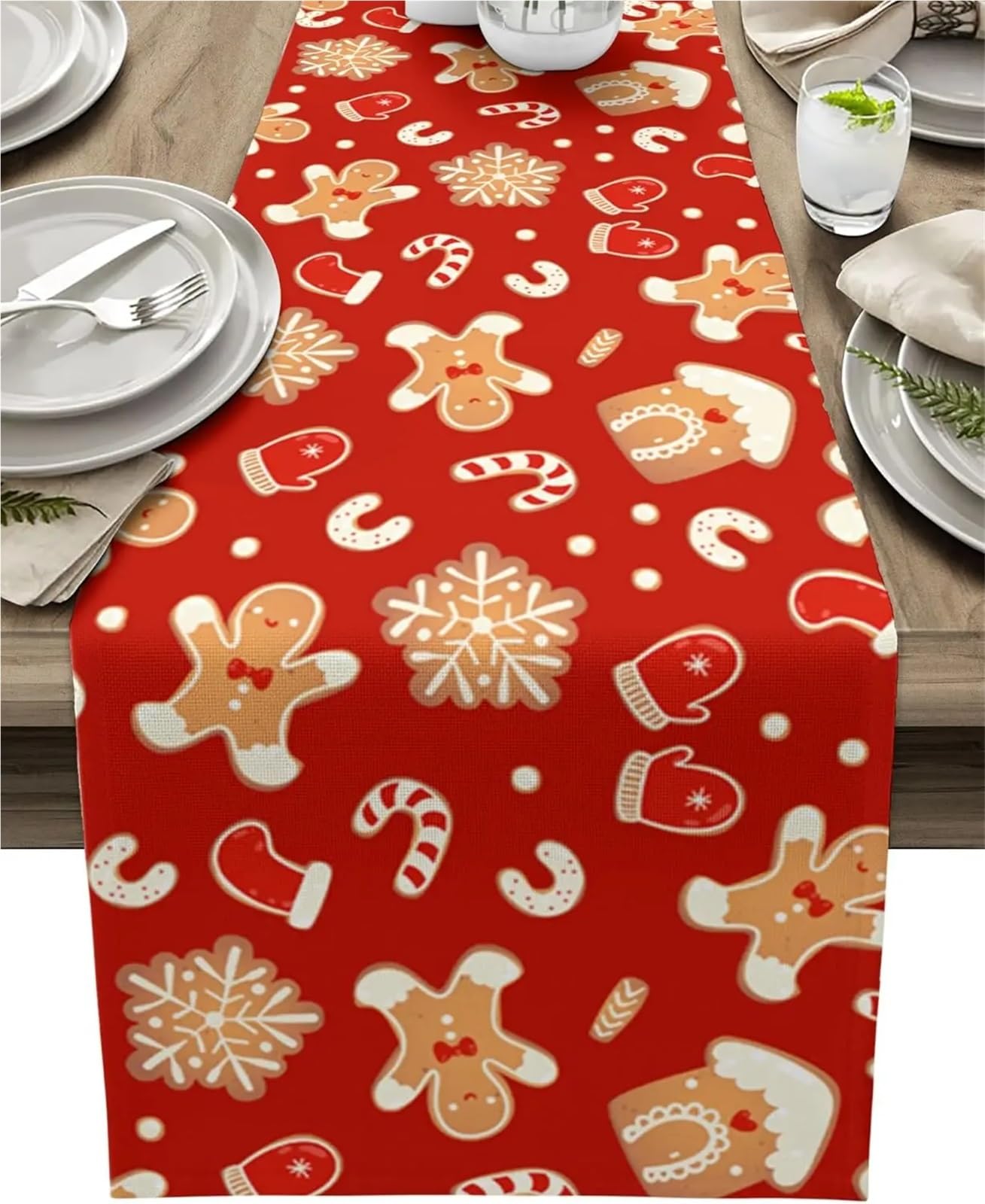 Chemin de table lin rouge 200x33 cm avec flocons dorés de Noël